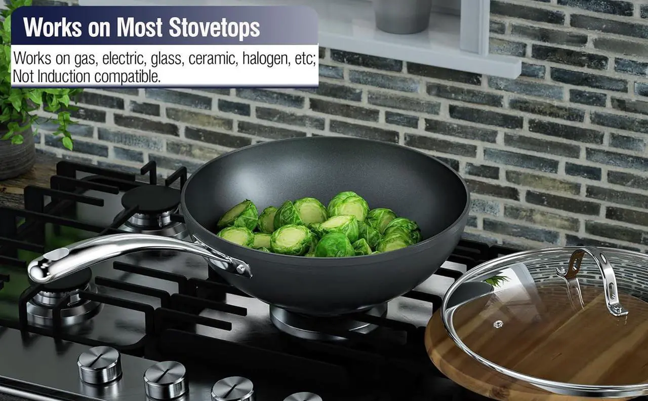 Alt view image 4 of 7 - Cooks Standard Nonstick Stir-Fry Wok Pan 11-Inch, Hard Anodized Deep Frying Pan with Glass Lid, Flat Bottom, Black