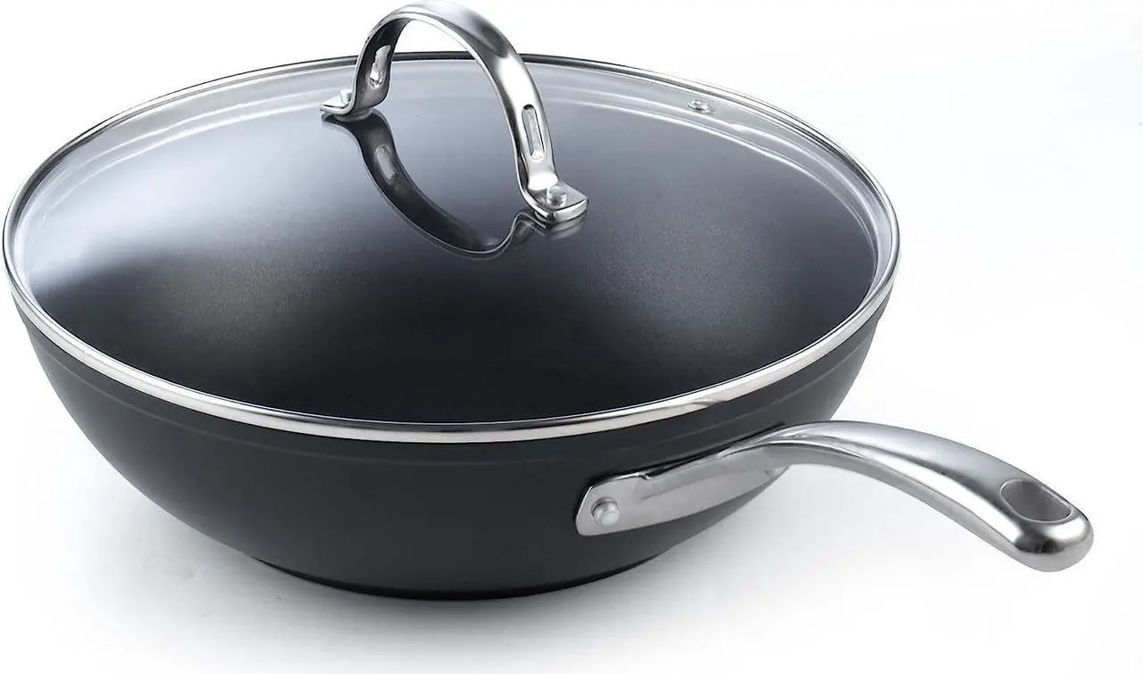 Alt view image 7 of 7 - Cooks Standard Nonstick Stir-Fry Wok Pan 11-Inch, Hard Anodized Deep Frying Pan with Glass Lid, Flat Bottom, Black