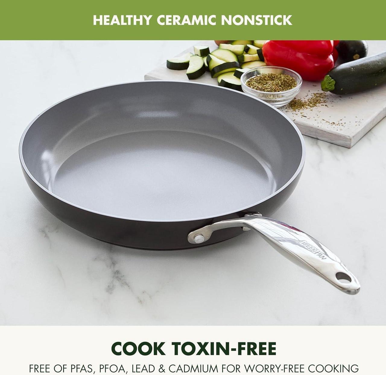 Alt view image 2 of 7 - GreenPan Valencia Pro 12" Skillet, PFOA and PFAS-Free, Healthy Ceramic Nonstick: Hard Anodized Pan for Non-Toxic Cooking Induction & Dishwasher Safe Oven-Safe to 600°F Easy Clean, Gray
