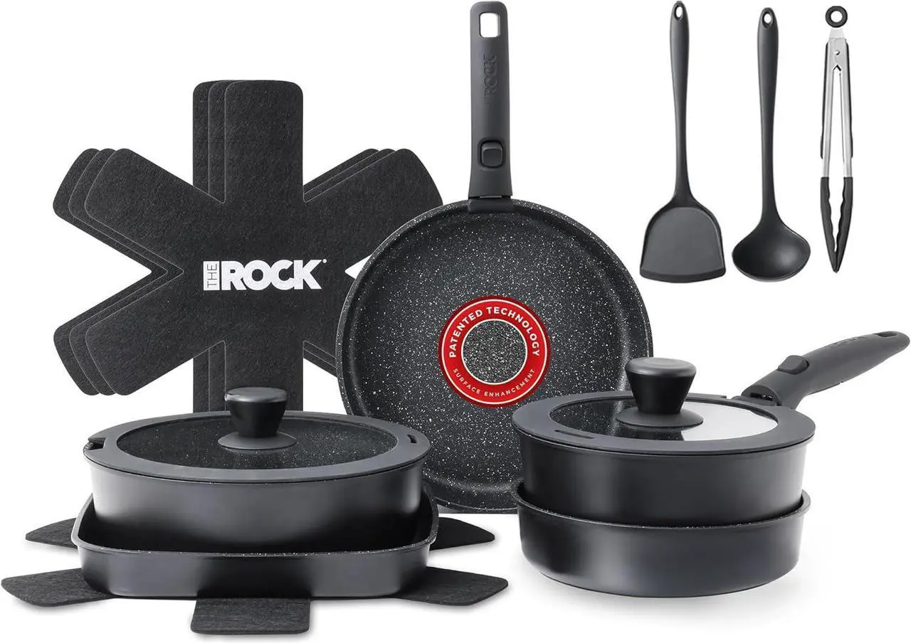 Main image of THE ROCK SMART SPACE 16pc Nonstick Pots and Pans Set with ROCK.TEC, Stackable Cookware Set with Detachable Handles, Scratch/Stain/Crack Proof, Induction Ready, Oven & Dishwasher Safe, PFOA-Free, Black