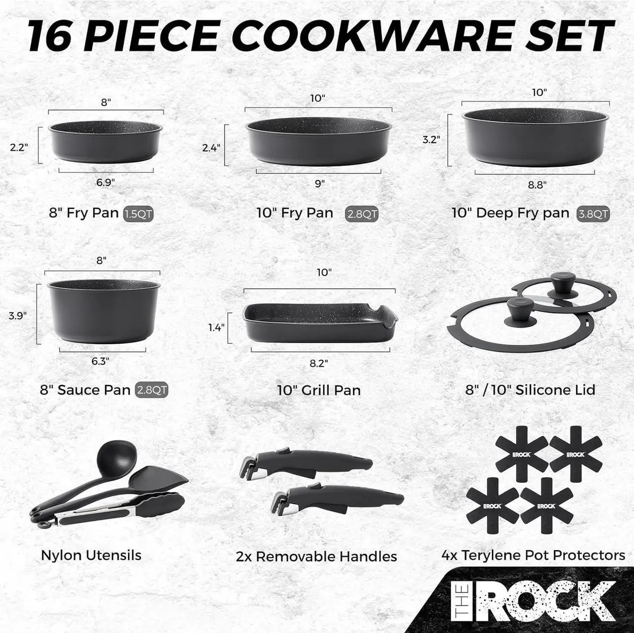 Alt view image 4 of 7 - THE ROCK SMART SPACE 16pc Nonstick Pots and Pans Set with ROCK.TEC, Stackable Cookware Set with Detachable Handles, Scratch/Stain/Crack Proof, Induction Ready, Oven & Dishwasher Safe, PFOA-Free, Black