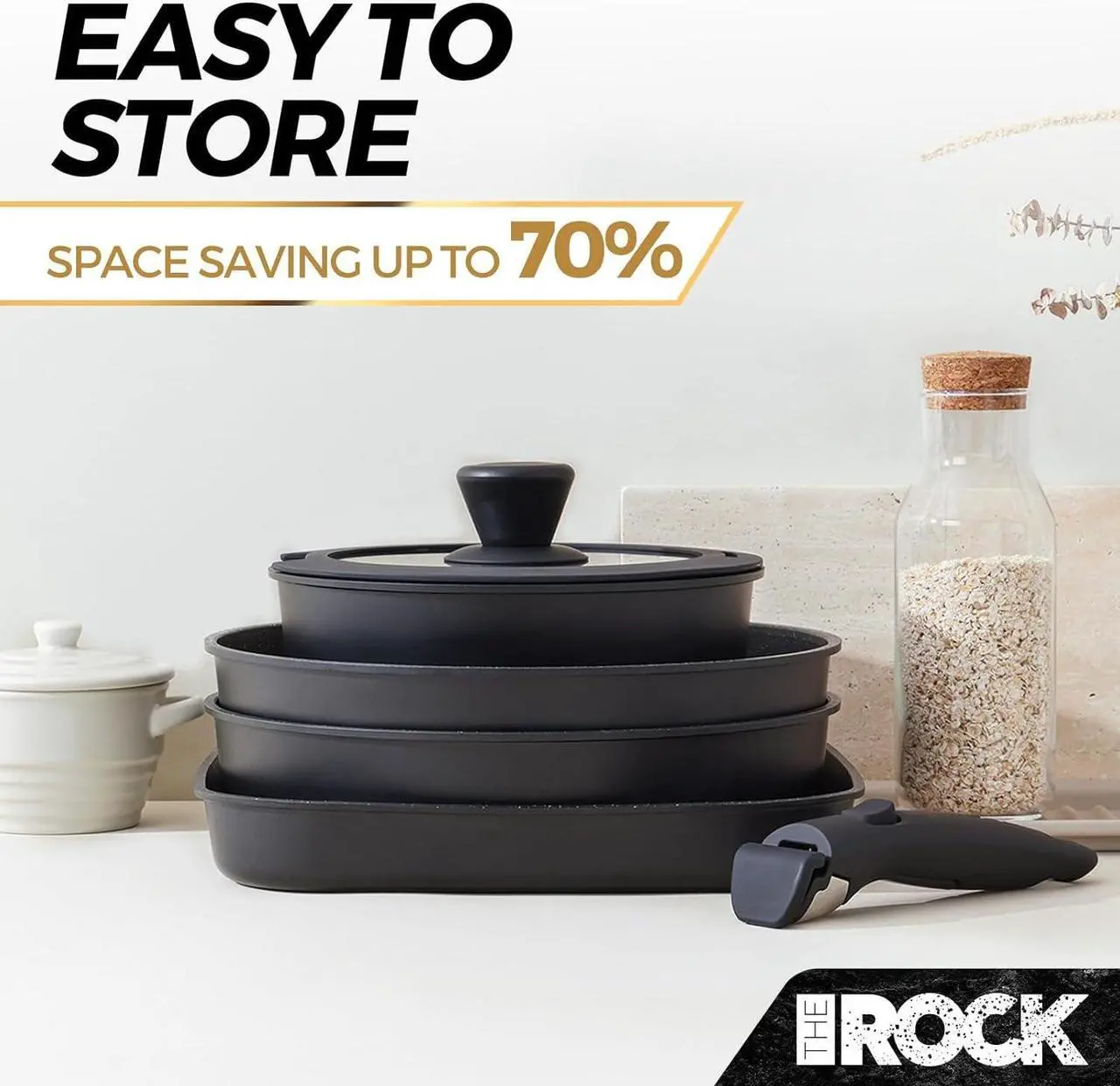 Alt view image 6 of 7 - THE ROCK SMART SPACE 16pc Nonstick Pots and Pans Set with ROCK.TEC, Stackable Cookware Set with Detachable Handles, Scratch/Stain/Crack Proof, Induction Ready, Oven & Dishwasher Safe, PFOA-Free, Black