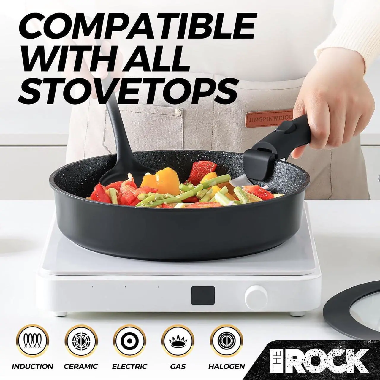Alt view image 7 of 7 - THE ROCK SMART SPACE 16pc Nonstick Pots and Pans Set with ROCK.TEC, Stackable Cookware Set with Detachable Handles, Scratch/Stain/Crack Proof, Induction Ready, Oven & Dishwasher Safe, PFOA-Free, Black