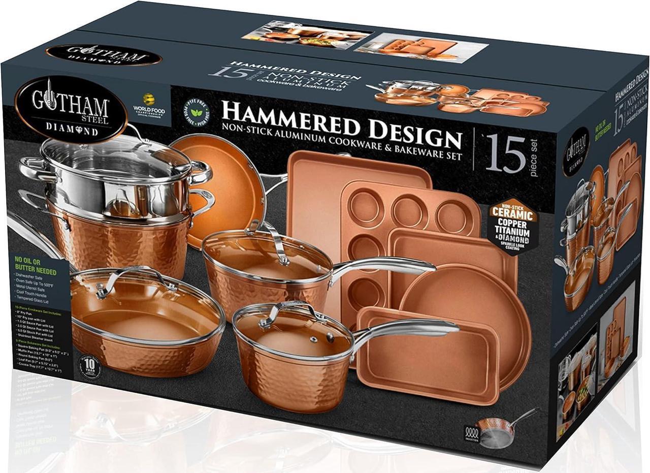 Alt view image 2 of 6 - Gotham Steel Hammered 15 Pc Ceramic Pots and Pans Set Non Stick Cookware Set, Kitchen Cookware Sets, Ceramic Cookware Set with Non Toxic Cookware, Copper Pot and Pan Set, Oven & Dishwasher Safe