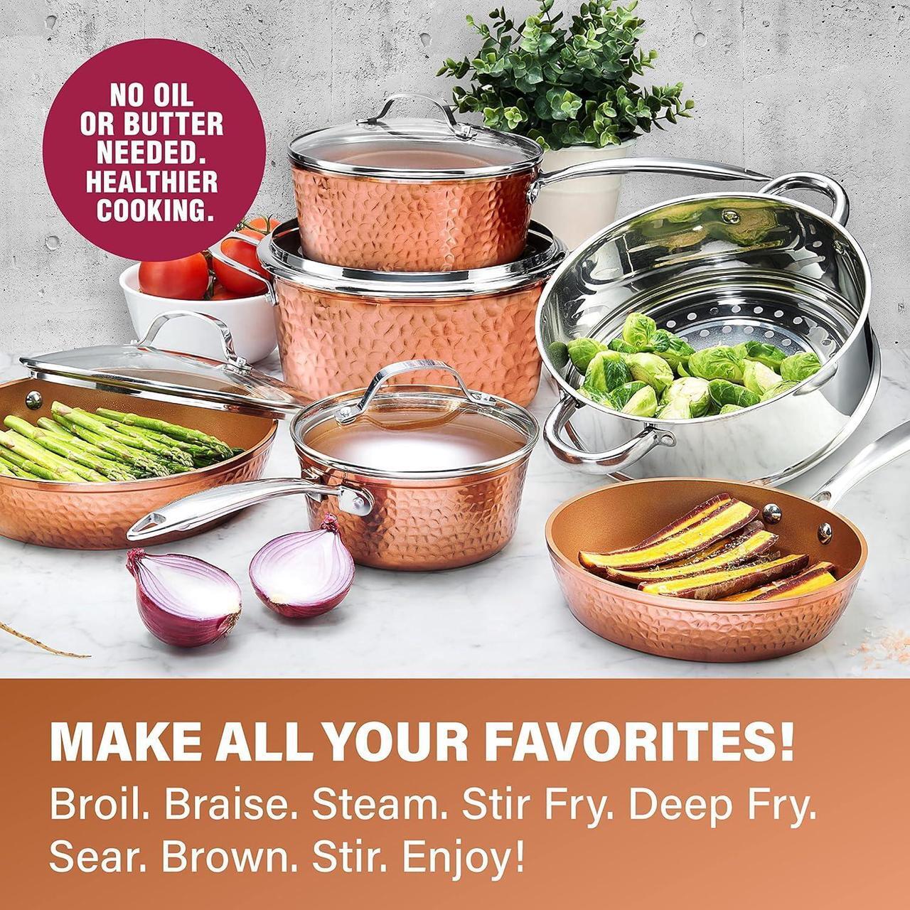 Alt view image 6 of 6 - Gotham Steel Hammered 15 Pc Ceramic Pots and Pans Set Non Stick Cookware Set, Kitchen Cookware Sets, Ceramic Cookware Set with Non Toxic Cookware, Copper Pot and Pan Set, Oven & Dishwasher Safe
