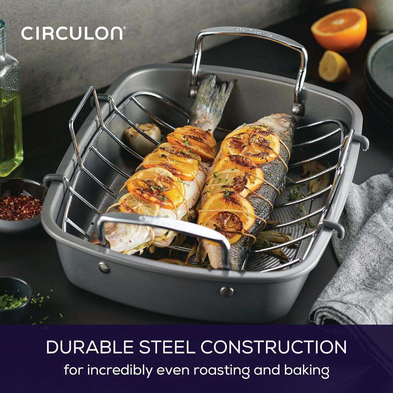 Alt view image 6 of 7 - Circulon Nonstick Roasting Pan / Roaster with Rack - 17 Inch x 13 Inch, Gray