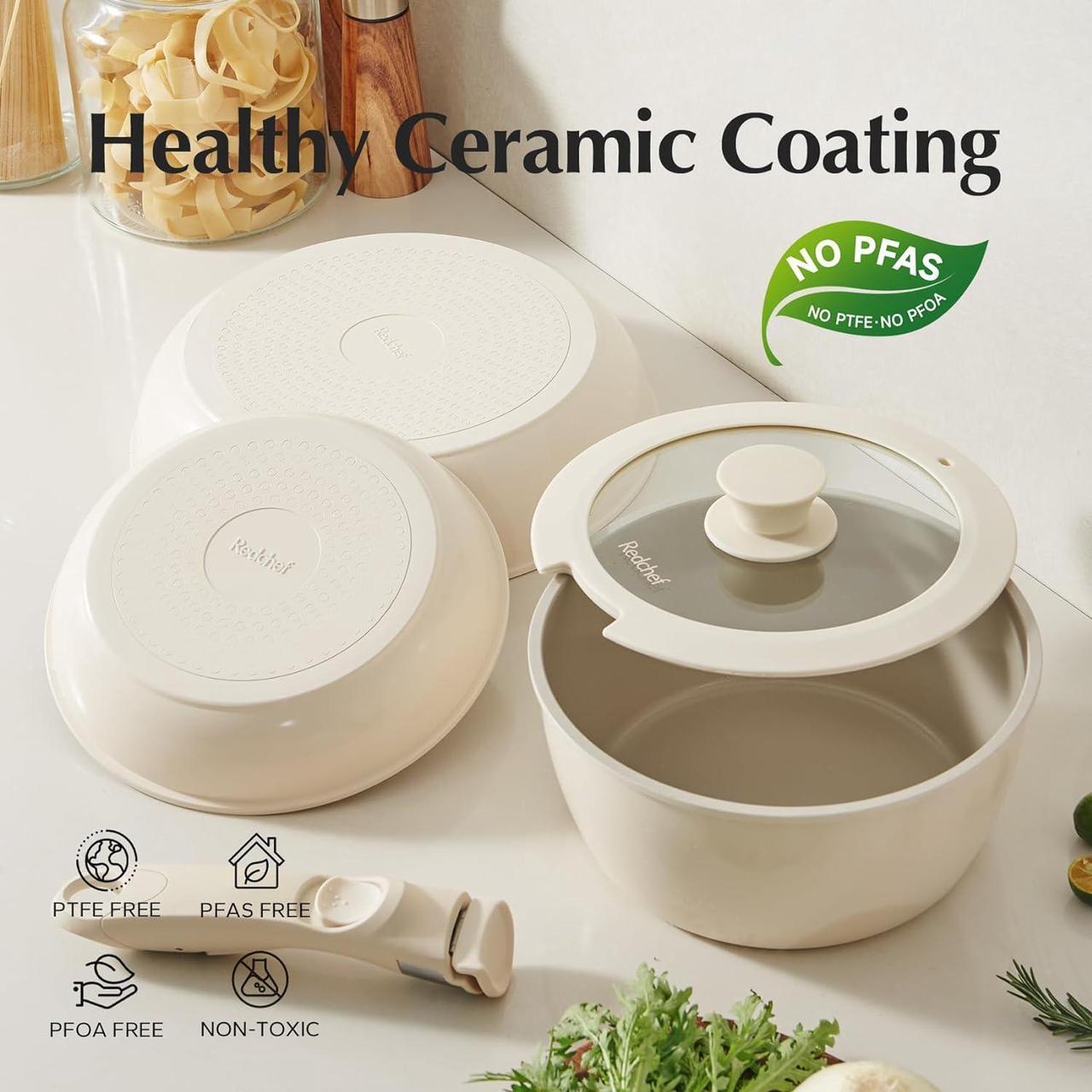 Alt view image 2 of 7 - Redchef Ceramic Pots and Pans Set, Nonstick Kitchen Cookware Set with Detachable Handle, Non Toxic Cookware Set 16pcs, PFAS PFOA & PTFE Free, RV Ceramic Cookware Set for Camping, Dishwasher/Oven Safe