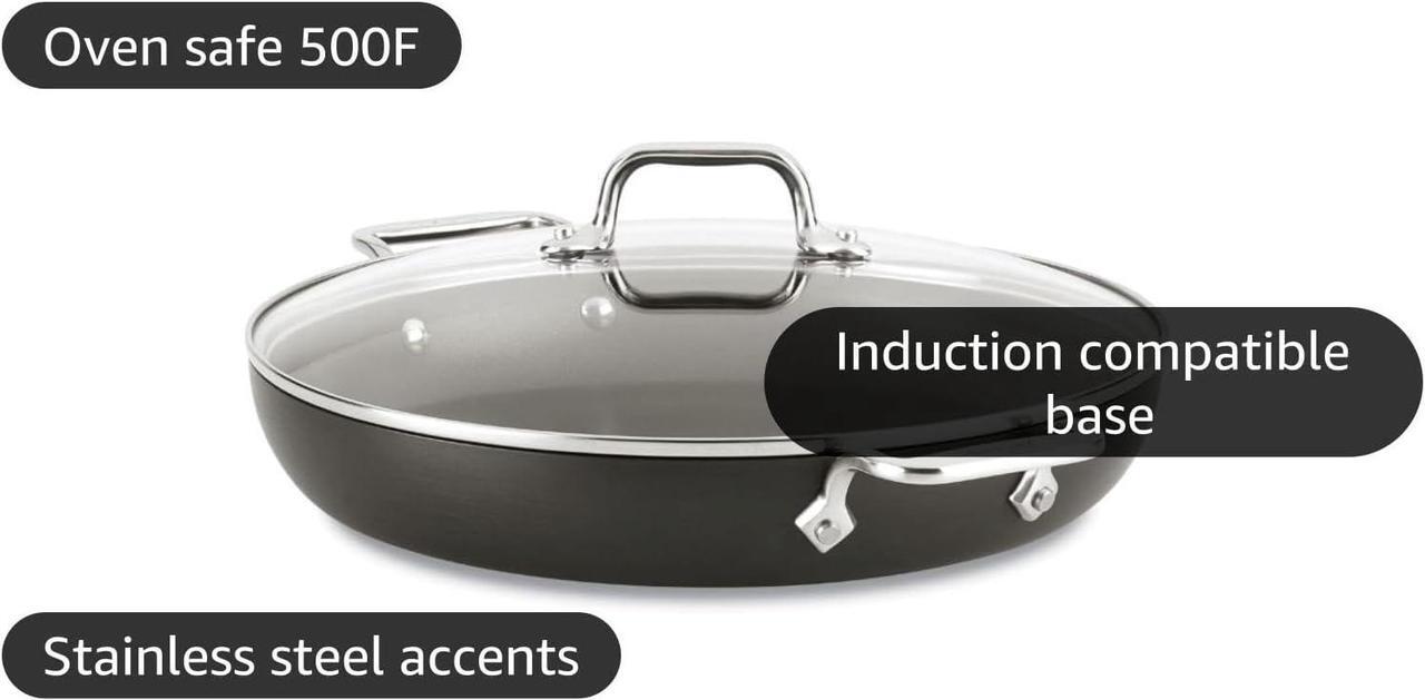 Alt view image 4 of 7 - All-Clad HA1 Hard Anodized Non Stick Everyday Pan w/ Lid and Handles, 12 Inch, Induction, Oven Broiler Safe 500F, Lid Safe 350F, Deep Frying Pan, Skillet, Pots and Pans, Kitchen, Cookware, Black