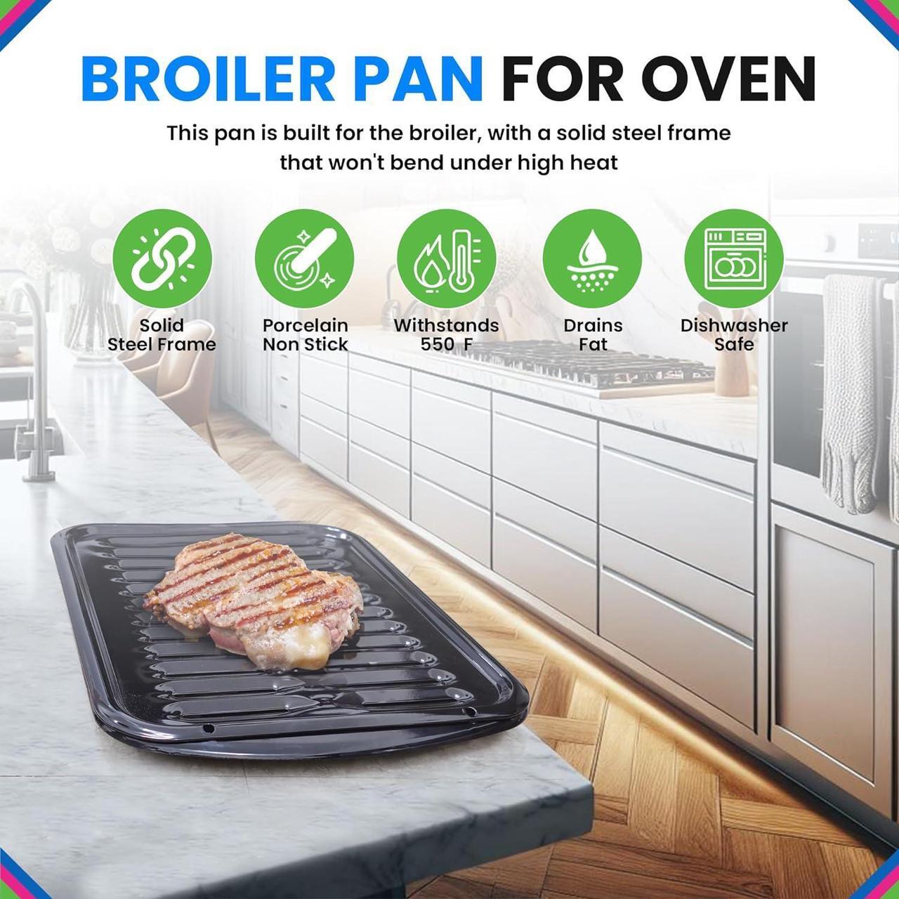 Alt view image 2 of 6 - Broiler Pan for Oven Nonstick Porcelain Coated - 16.75 x 12.75 Whirlpool 4396923 Replacement Broiling Pan for Oven With Rack for High-Temperatures - Oven Broiler Pan Heats Evenly and Drains Fat