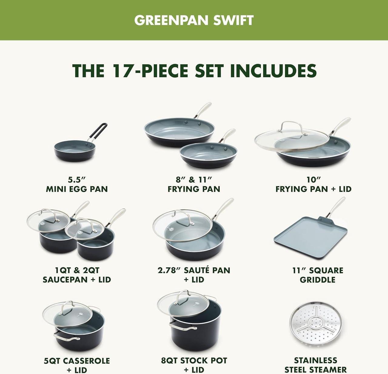 Alt view image 3 of 7 - GreenPan Swift 17 Piece Cookware Set, Non-Toxic PFAS-Free Ceramic Nonstick, Stainless Steel Handles, Pots, Pans, Lids, Grill, Griddle, Sauté & Saucepans, Dishwasher & Oven Safe, Gray