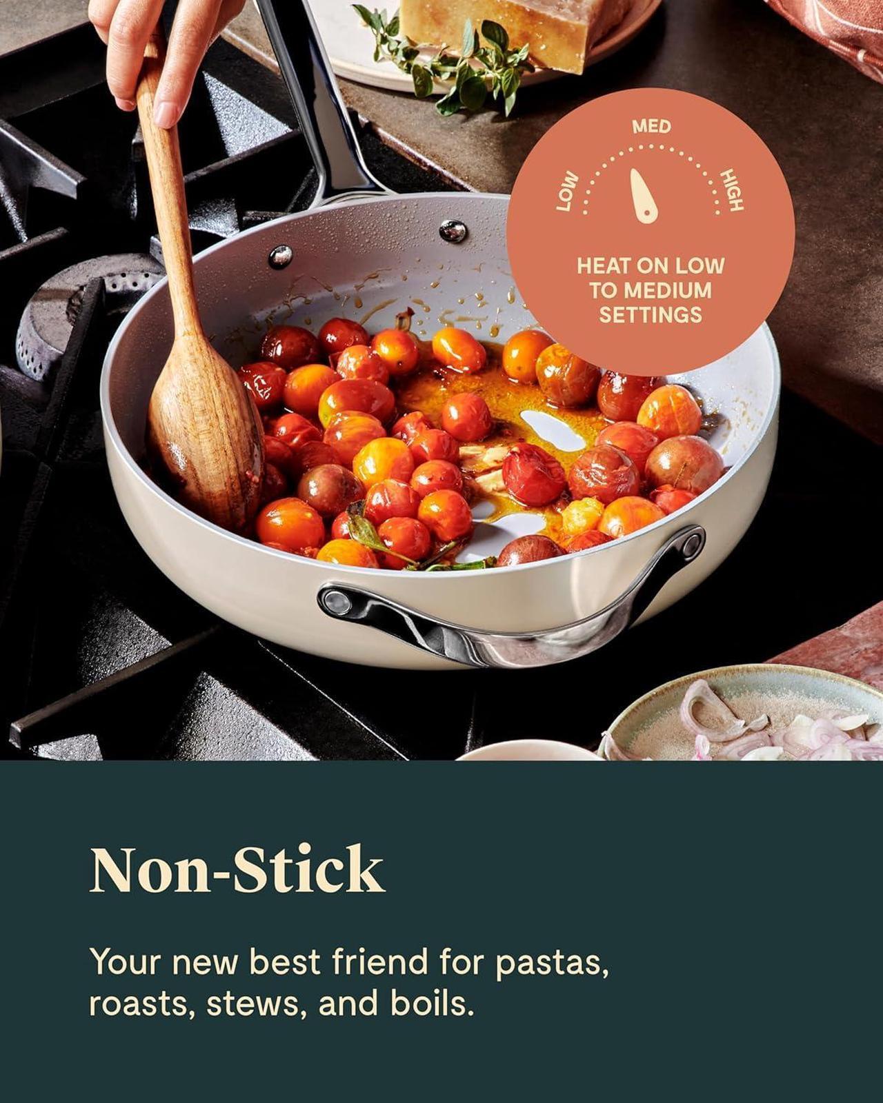 Alt view image 4 of 7 - Caraway Nonstick Ceramic Sauté Pan with Lid (4.5 qt, 11.8") - Non Toxic, PTFE & PFOA Free - Oven Safe & Compatible with All Stovetops (Gas, Electric & Induction) - Sage