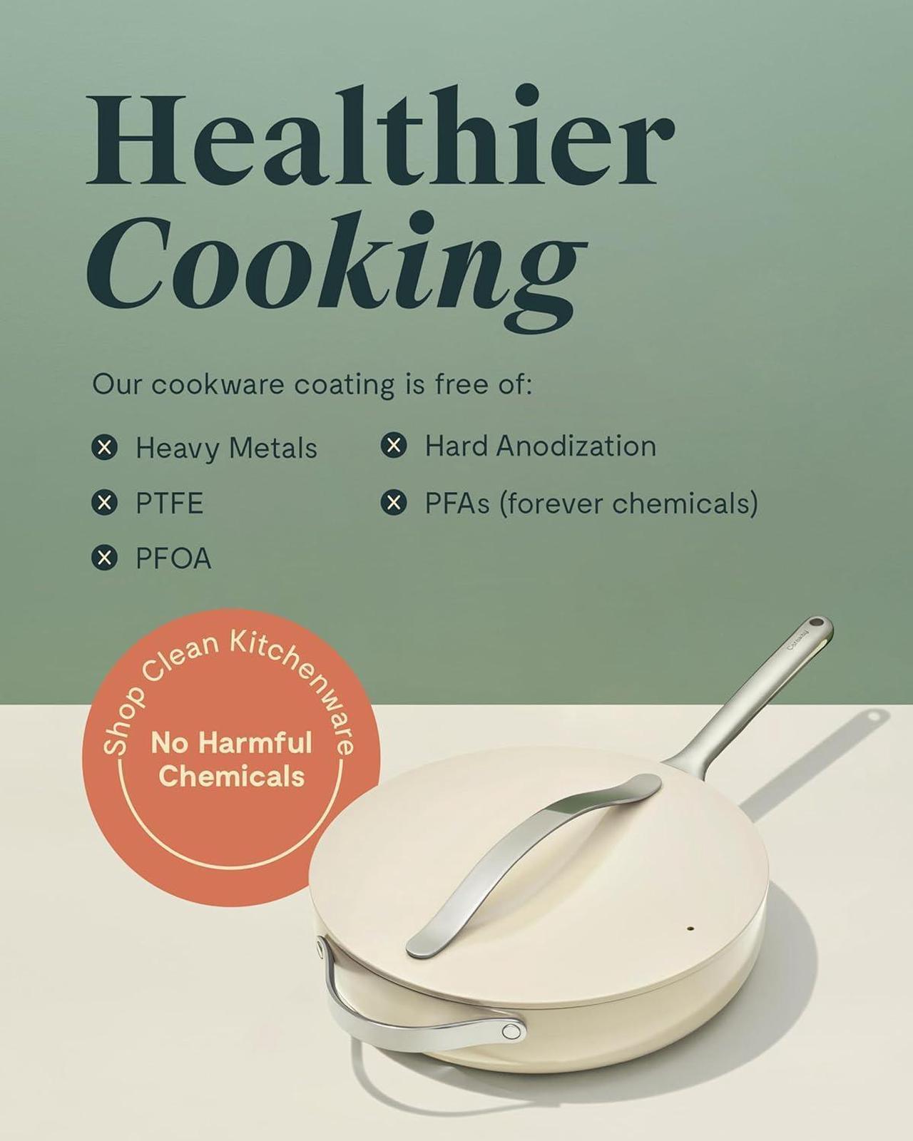 Alt view image 5 of 7 - Caraway Nonstick Ceramic Sauté Pan with Lid (4.5 qt, 11.8") - Non Toxic, PTFE & PFOA Free - Oven Safe & Compatible with All Stovetops (Gas, Electric & Induction) - Sage