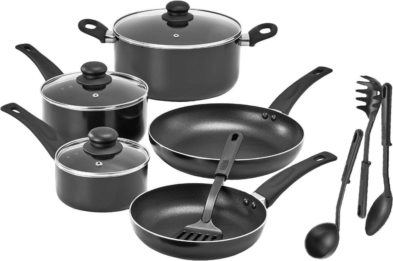Main image of bella Cookware Set, 12 Piece Pots and Pans with Utensils, Nonstick PFOA Free Scratch Resistant Cooking Surface Compatible with All Stoves, Nylon and Aluminum, Black