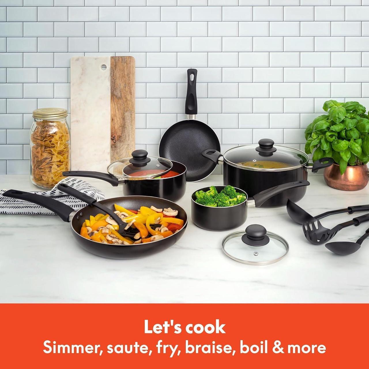 Alt view image 4 of 7 - bella Cookware Set, 12 Piece Pots and Pans with Utensils, Nonstick PFOA Free Scratch Resistant Cooking Surface Compatible with All Stoves, Nylon and Aluminum, Black