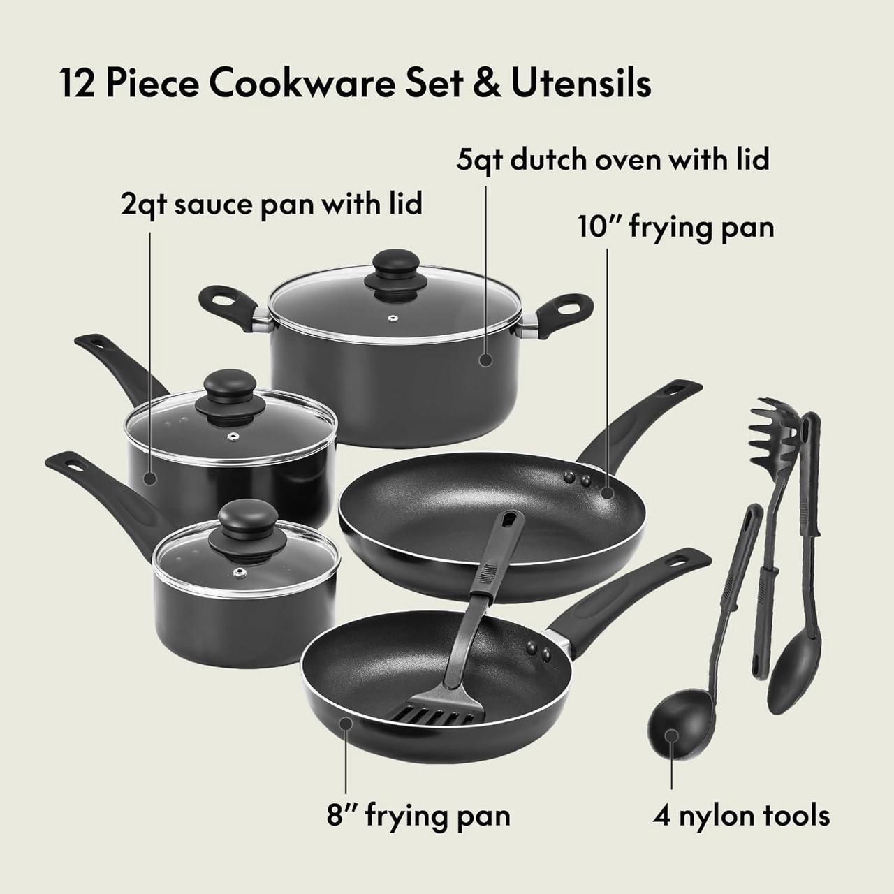 Alt view image 3 of 7 - bella Cookware Set, 12 Piece Pots and Pans with Utensils, Nonstick PFOA Free Scratch Resistant Cooking Surface Compatible with All Stoves, Nylon and Aluminum, Black