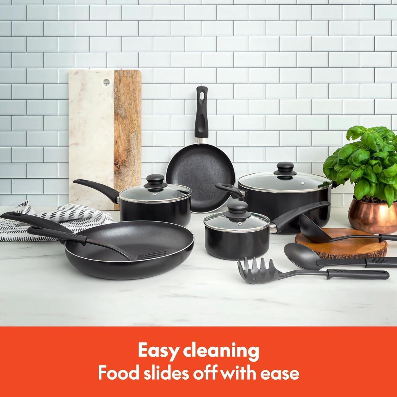 Alt view image 7 of 7 - bella Cookware Set, 12 Piece Pots and Pans with Utensils, Nonstick PFOA Free Scratch Resistant Cooking Surface Compatible with All Stoves, Nylon and Aluminum, Black