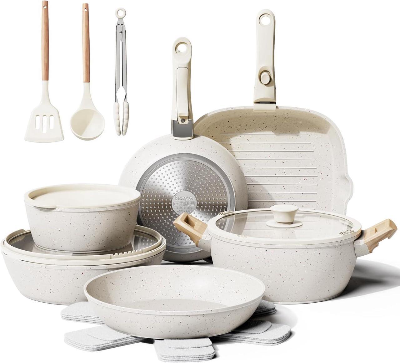 Main image of 19 Pcs Pots and Pans Set Non Stick Ceramic Cookware Set with Removable Handles, Non Toxic Induction Kitchen Cookware Sets RV Cookware,Dishwasher/Oven Safe PFAS/PTFE/PFOA Free Cream White