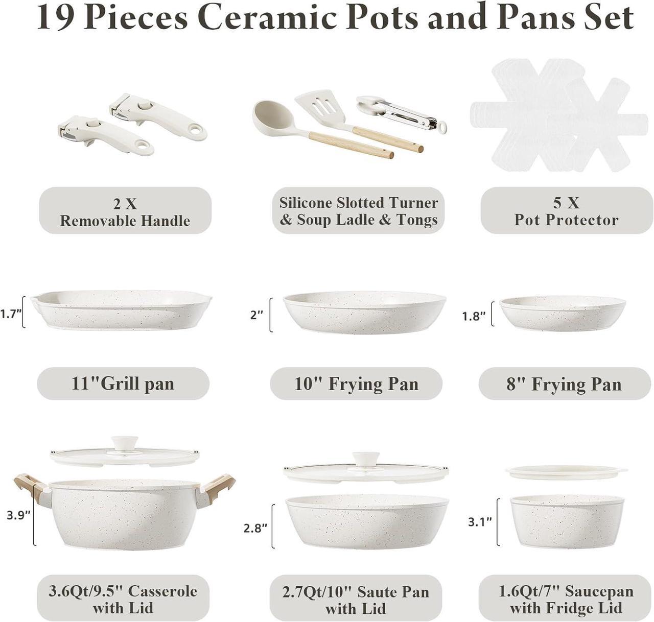 Alt view image 2 of 7 - 19 Pcs Pots and Pans Set Non Stick Ceramic Cookware Set with Removable Handles, Non Toxic Induction Kitchen Cookware Sets RV Cookware,Dishwasher/Oven Safe PFAS/PTFE/PFOA Free Cream White