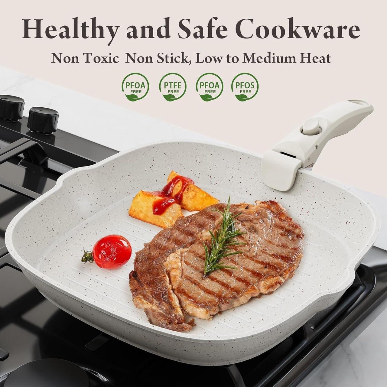 Alt view image 4 of 7 - 19 Pcs Pots and Pans Set Non Stick Ceramic Cookware Set with Removable Handles, Non Toxic Induction Kitchen Cookware Sets RV Cookware,Dishwasher/Oven Safe PFAS/PTFE/PFOA Free Cream White