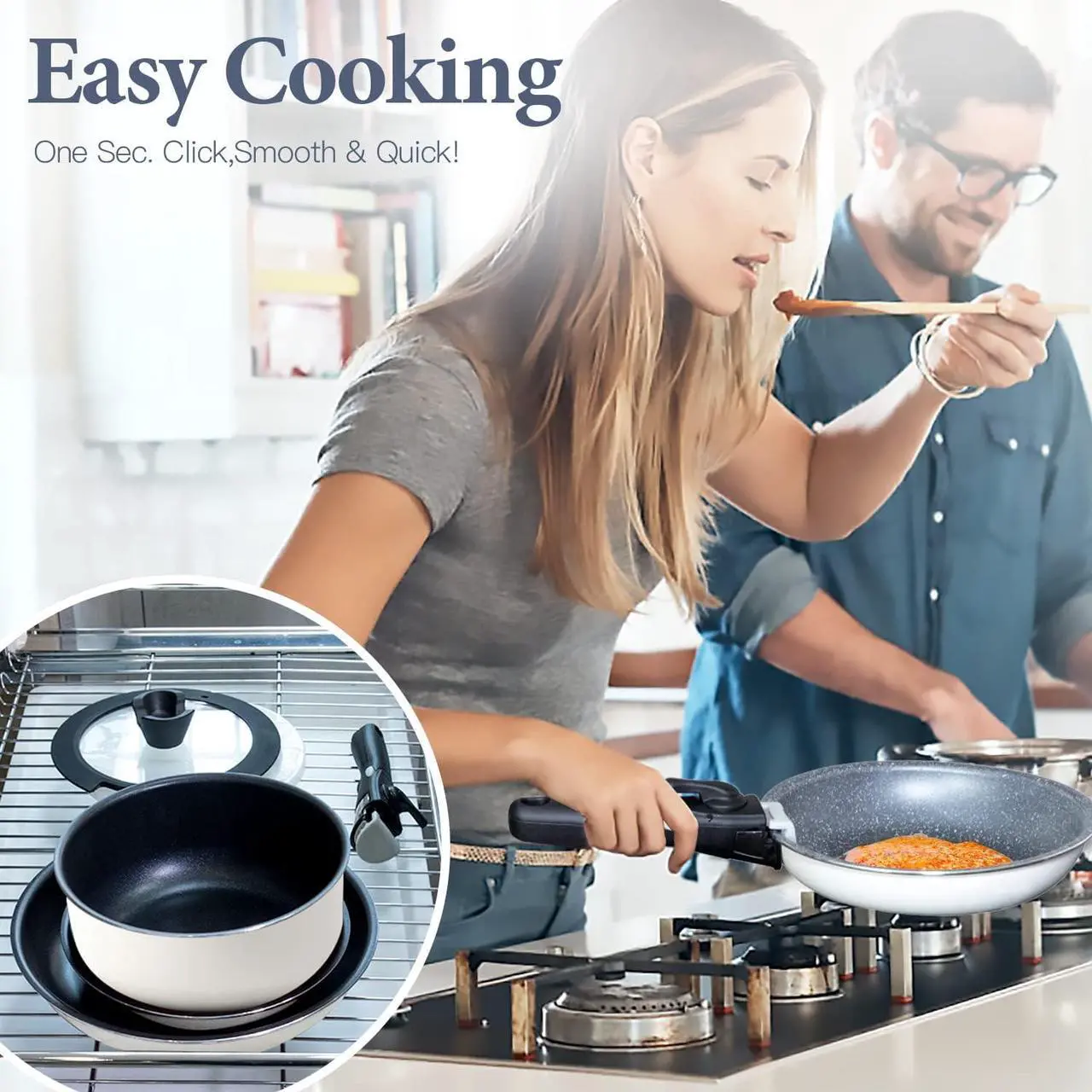 Alt view image 3 of 7 - 6pcs Pots and Pans Set, Nonstick Cookware Set Detachable Handle, Induction Kitchen Cookware Sets Non Stick with Removable Handle, RV Cookware Set, Oven Safe, White