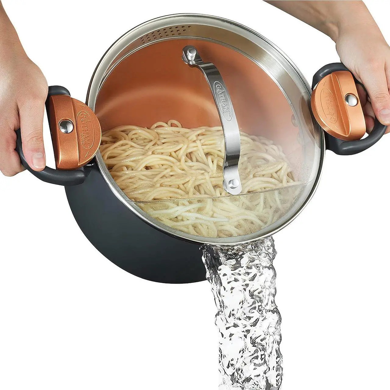 Main image of GOTHAM STEEL 5 Qt Ceramic Stock Pot Multipurpose Pasta Pot with Strainer Lid & Twist and Lock Handles, Nonstick Ceramic Pot for Soup, Spaghetti, Rice, Pots for Kitchen, Dishwasher Safe - Copper