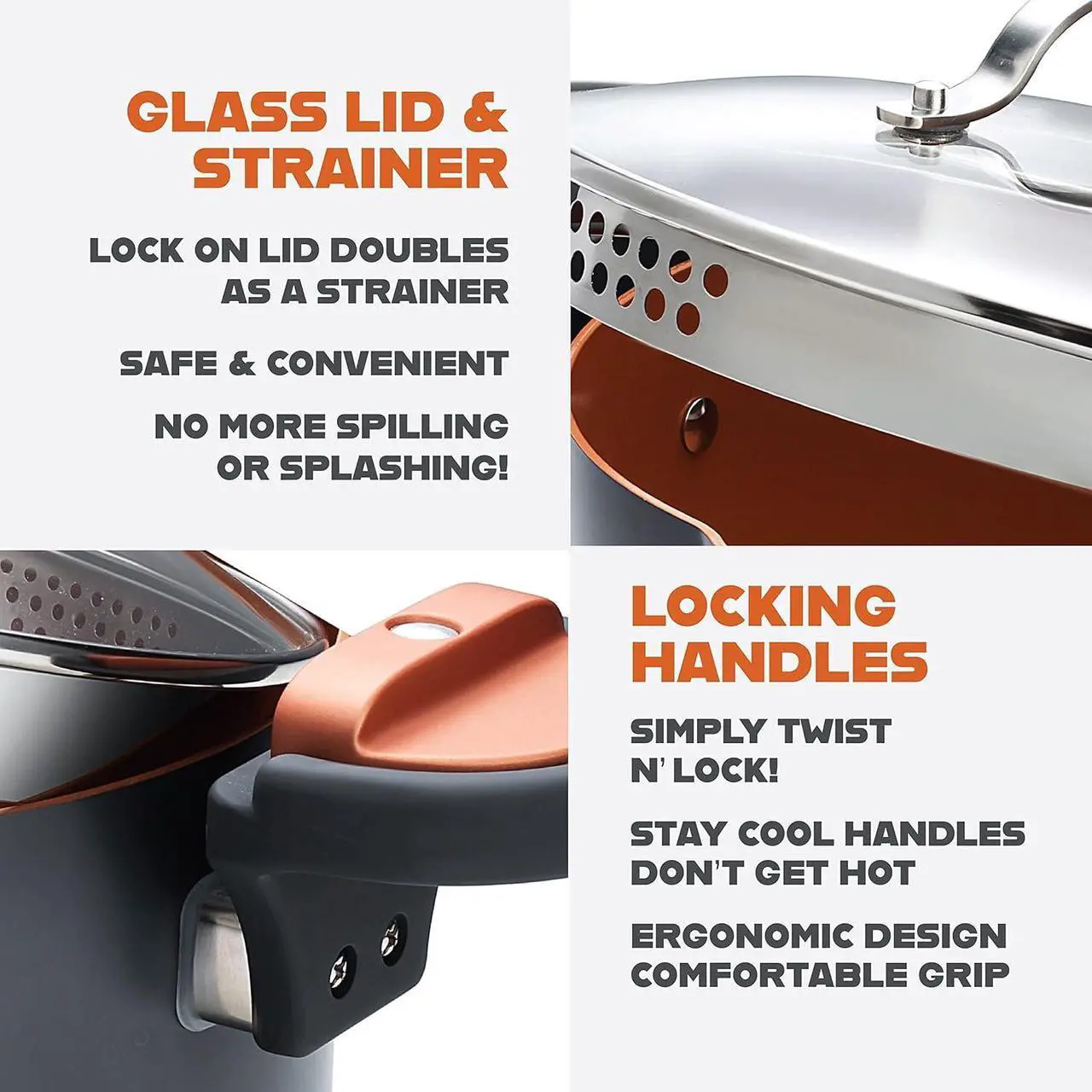 Alt view image 3 of 7 - GOTHAM STEEL 5 Qt Ceramic Stock Pot Multipurpose Pasta Pot with Strainer Lid & Twist and Lock Handles, Nonstick Ceramic Pot for Soup, Spaghetti, Rice, Pots for Kitchen, Dishwasher Safe - Copper