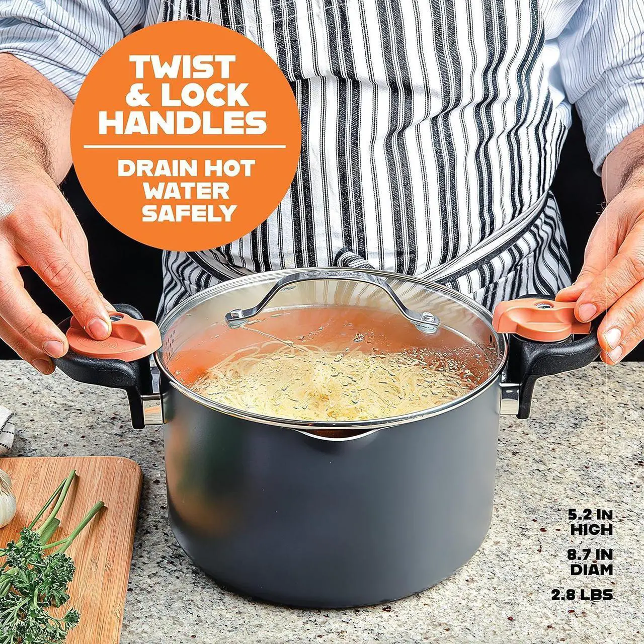 Alt view image 4 of 7 - GOTHAM STEEL 5 Qt Ceramic Stock Pot Multipurpose Pasta Pot with Strainer Lid & Twist and Lock Handles, Nonstick Ceramic Pot for Soup, Spaghetti, Rice, Pots for Kitchen, Dishwasher Safe - Copper