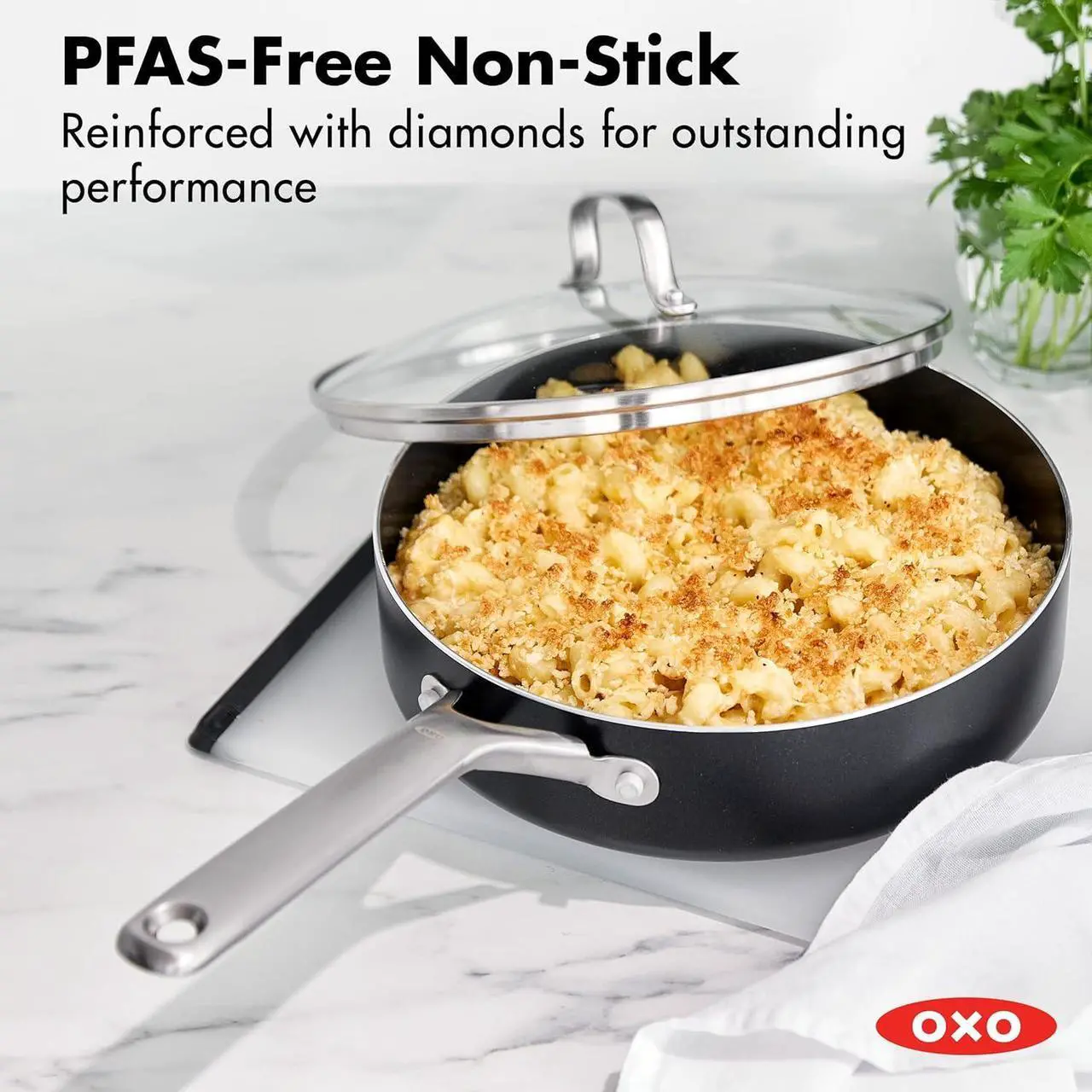 Alt view image 2 of 7 - OXO Agility Series 5QT Saute Pan with Lid, Ceramic Nonstick Cookware PFAS-Free, Induction Suitable, Quick Even Heating, Stainless Steel Handles, Chip-Free Rims, Dishwasher and Oven Safe, Black