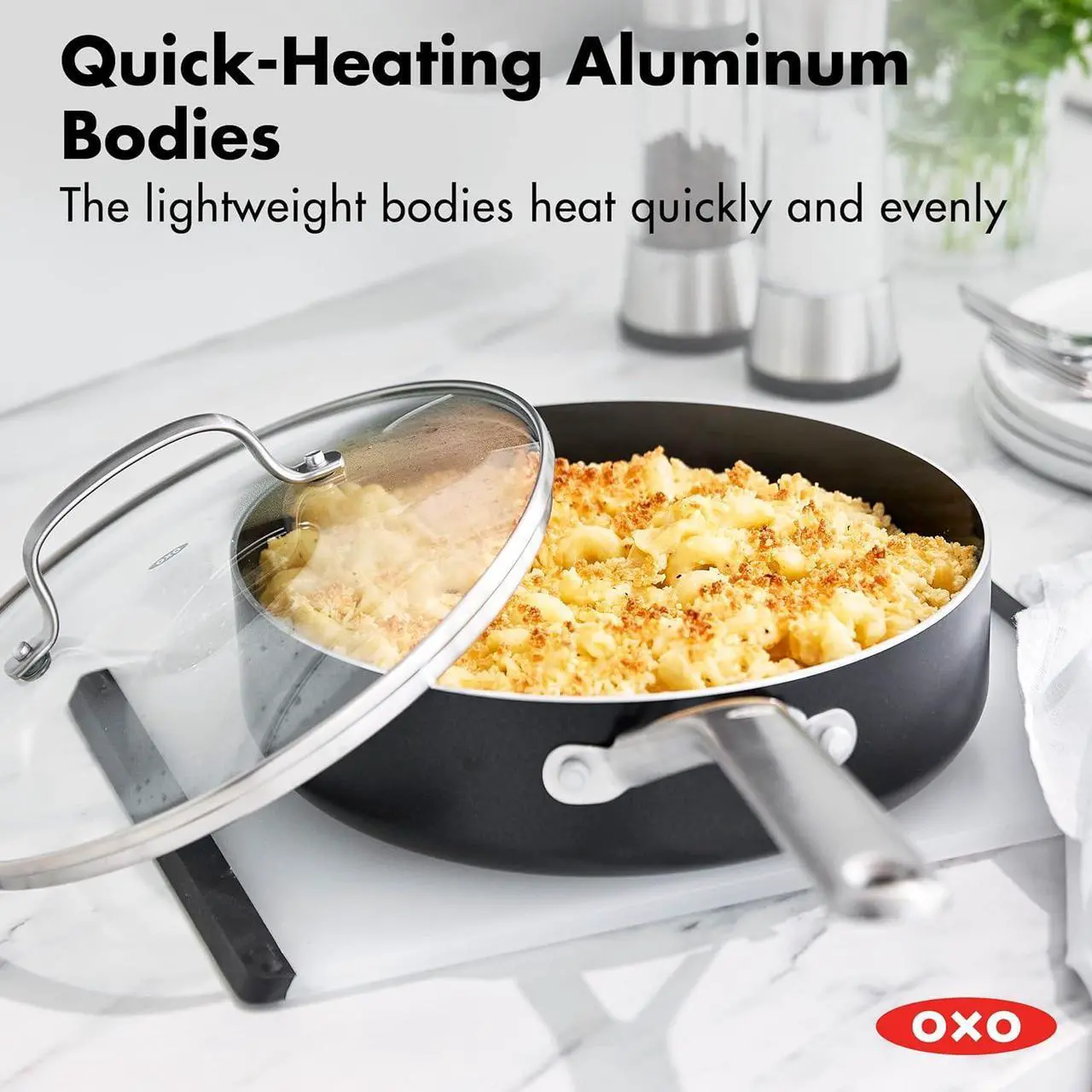 Alt view image 3 of 7 - OXO Agility Series 5QT Saute Pan with Lid, Ceramic Nonstick Cookware PFAS-Free, Induction Suitable, Quick Even Heating, Stainless Steel Handles, Chip-Free Rims, Dishwasher and Oven Safe, Black