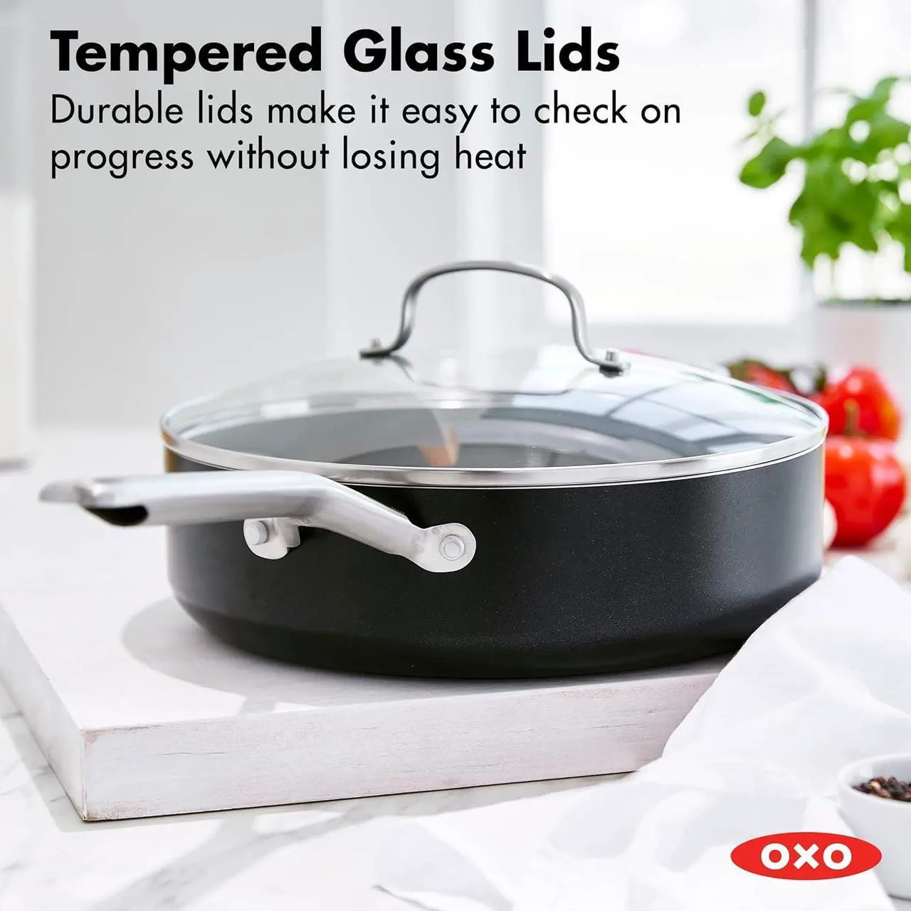 Alt view image 6 of 7 - OXO Agility Series 5QT Saute Pan with Lid, Ceramic Nonstick Cookware PFAS-Free, Induction Suitable, Quick Even Heating, Stainless Steel Handles, Chip-Free Rims, Dishwasher and Oven Safe, Black