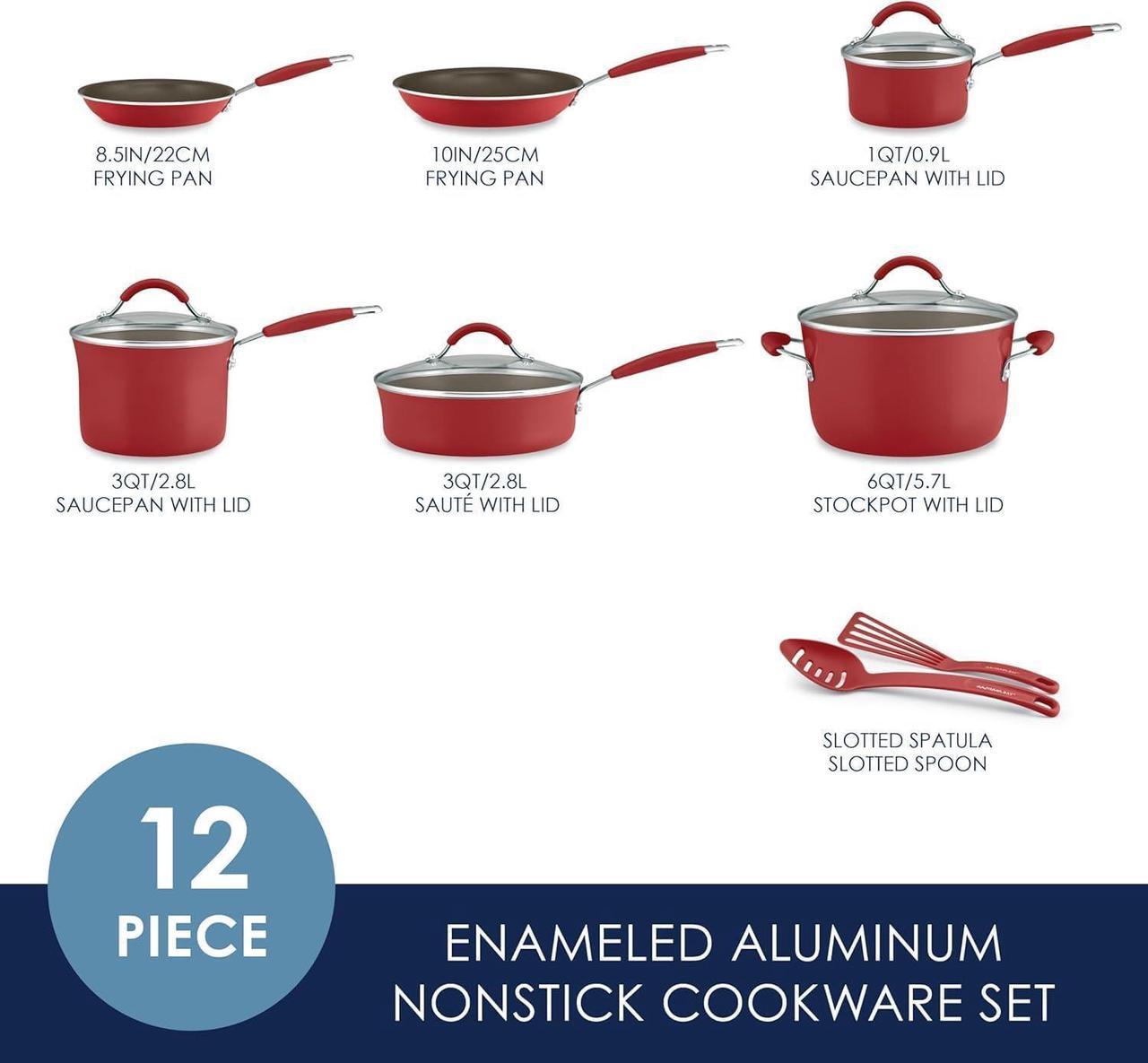 Alt view image 2 of 7 - Rachael Ray Cucina Nonstick Cookware Pots and Pans Set, 12 Piece, Cranberry Red