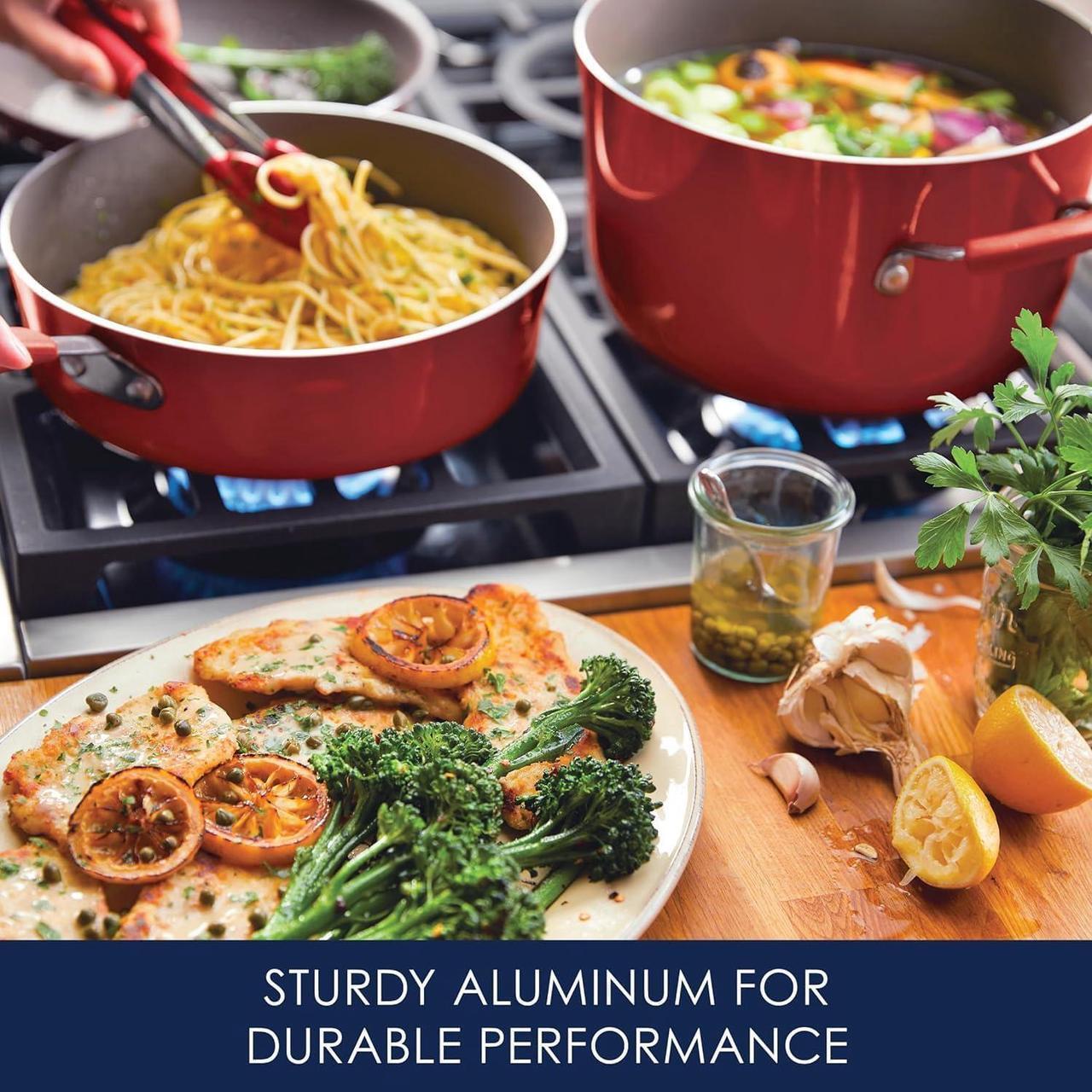 Alt view image 3 of 7 - Rachael Ray Cucina Nonstick Cookware Pots and Pans Set, 12 Piece, Cranberry Red