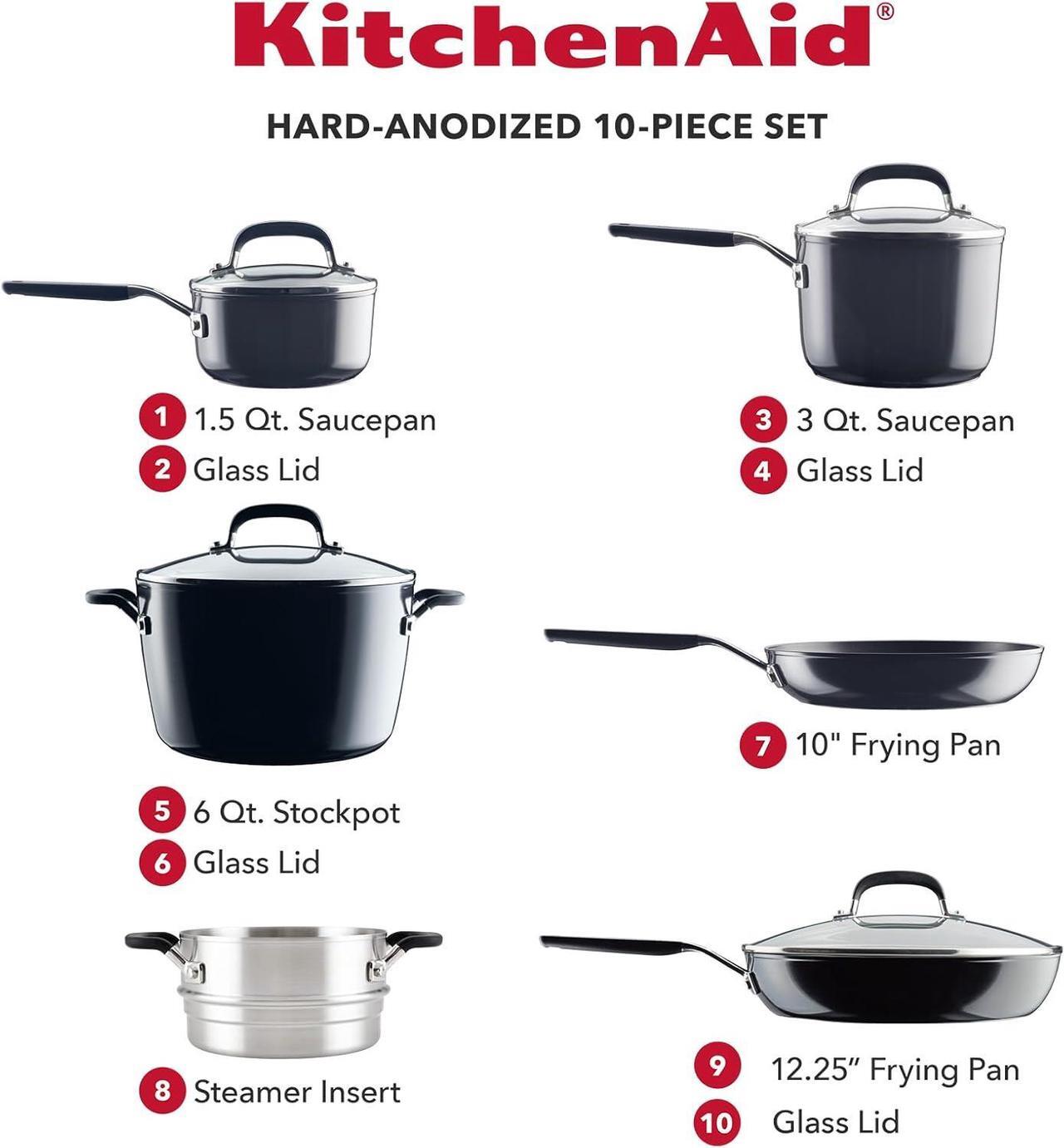 Alt view image 2 of 7 - KitchenAid Hard Anodized Nonstick Cookware/Pots and Pans Set, 10 Piece, Matte Black