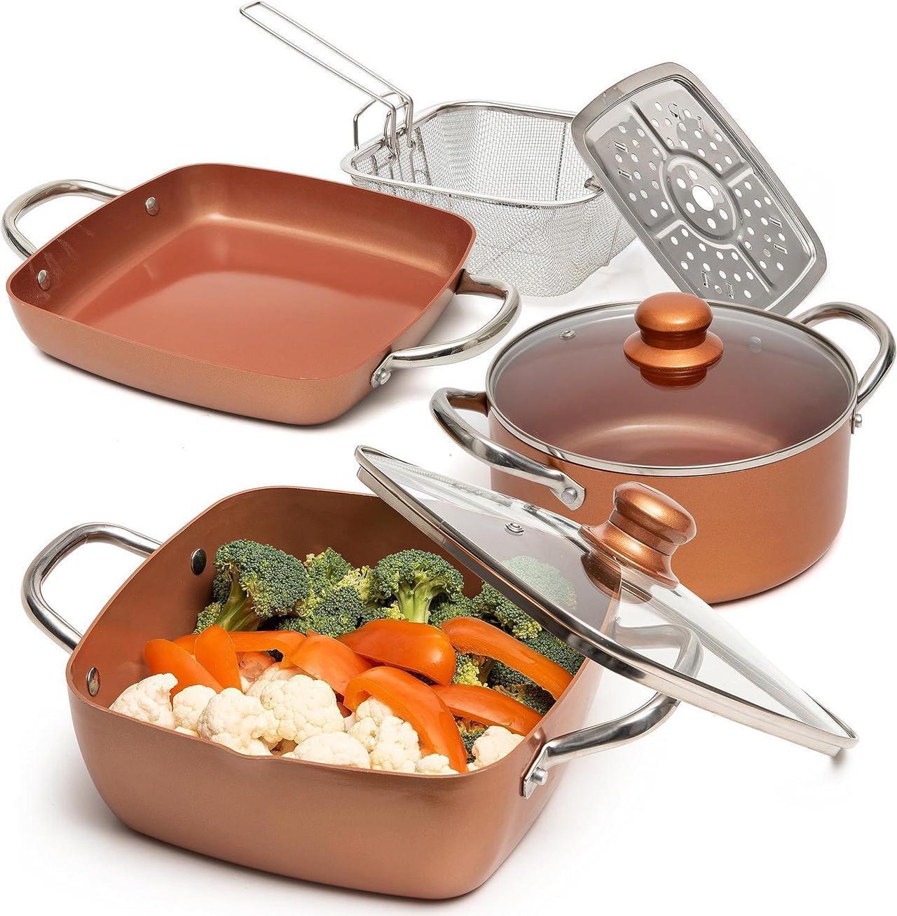 Main image of Moss & Stone 7 Pcs Copper Pots And Pans Set, Copper Chef Cookware Non Stick, Square Copper Pans for Cooking, Round Copper Pot & Fry Basket, Oven Safe 5 Quart Deep Frying Pan, Induction Cookware Set