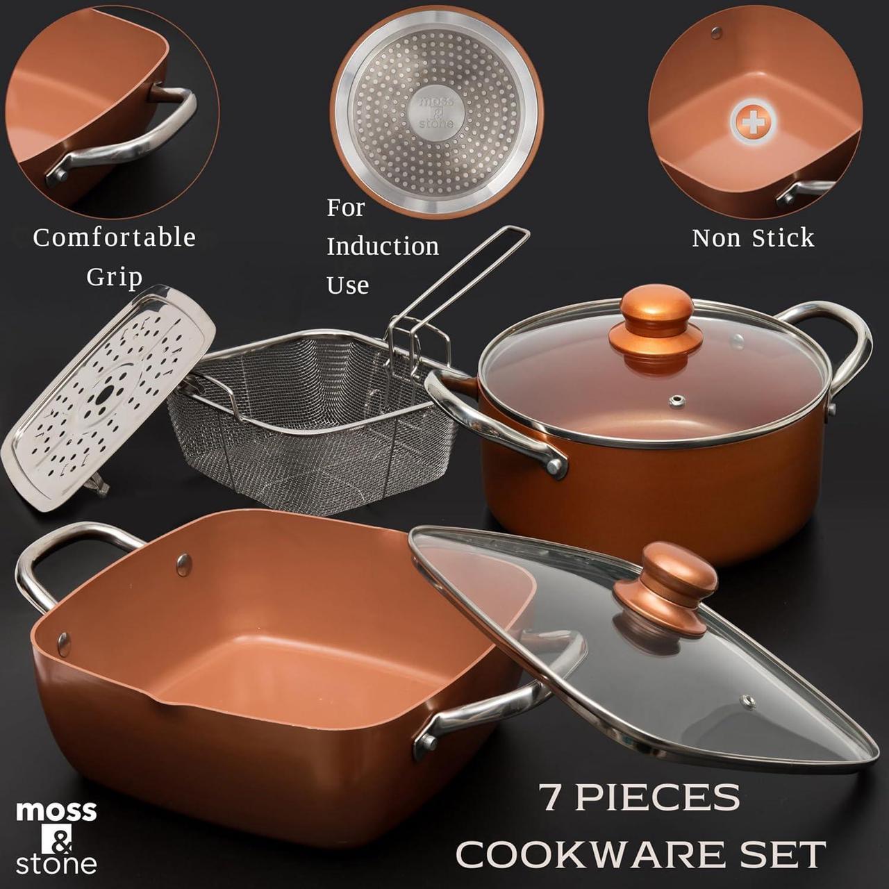 Alt view image 2 of 7 - Moss & Stone 7 Pcs Copper Pots And Pans Set, Copper Chef Cookware Non Stick, Square Copper Pans for Cooking, Round Copper Pot & Fry Basket, Oven Safe 5 Quart Deep Frying Pan, Induction Cookware Set
