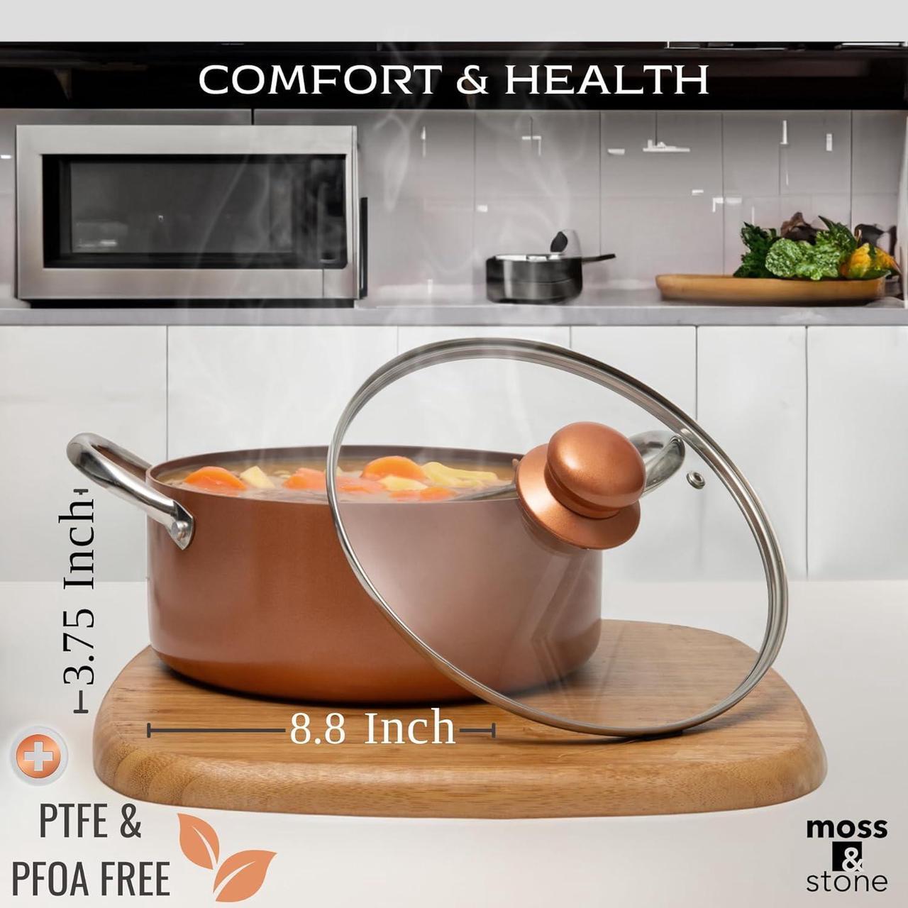 Alt view image 3 of 7 - Moss & Stone 7 Pcs Copper Pots And Pans Set, Copper Chef Cookware Non Stick, Square Copper Pans for Cooking, Round Copper Pot & Fry Basket, Oven Safe 5 Quart Deep Frying Pan, Induction Cookware Set