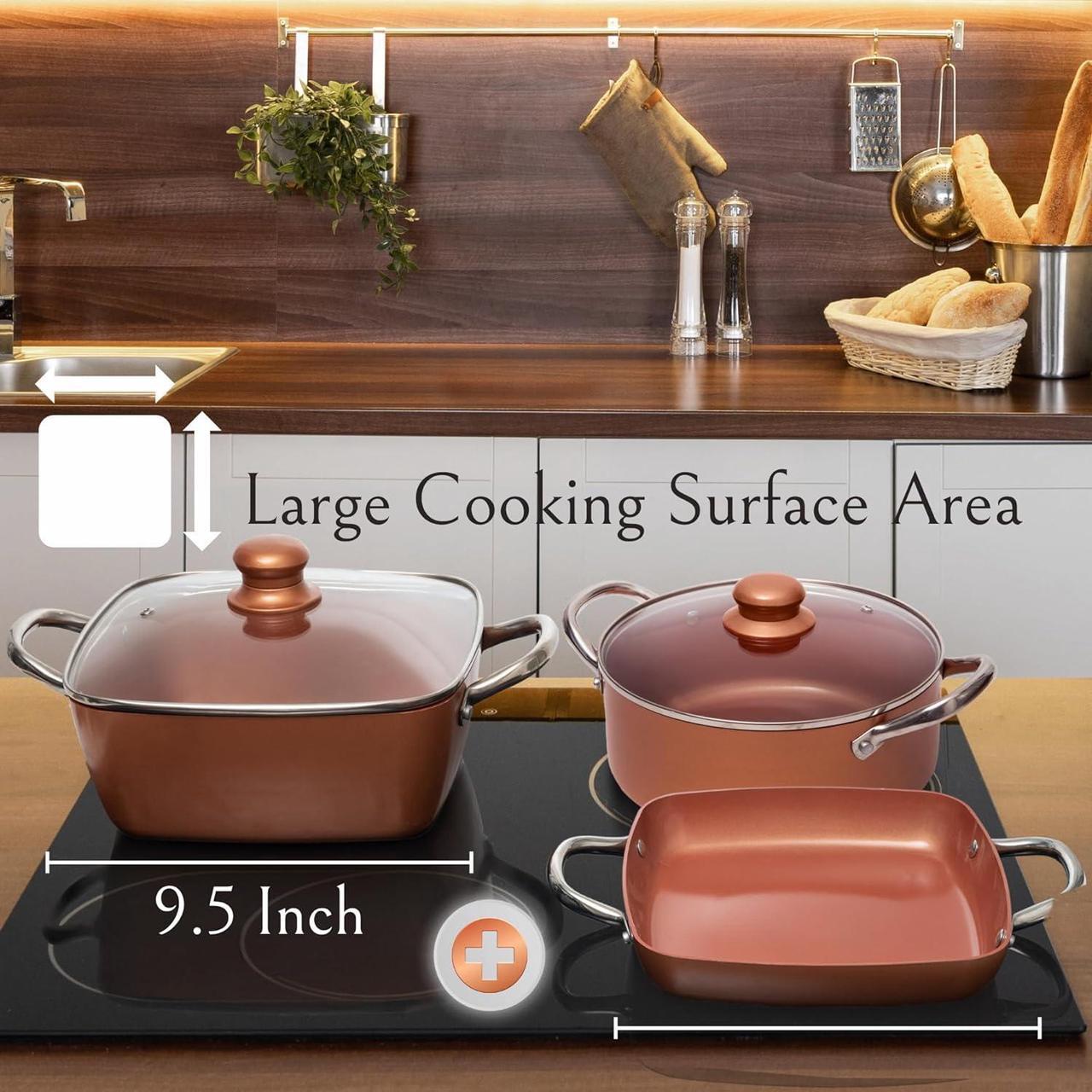 Alt view image 4 of 7 - Moss & Stone 7 Pcs Copper Pots And Pans Set, Copper Chef Cookware Non Stick, Square Copper Pans for Cooking, Round Copper Pot & Fry Basket, Oven Safe 5 Quart Deep Frying Pan, Induction Cookware Set