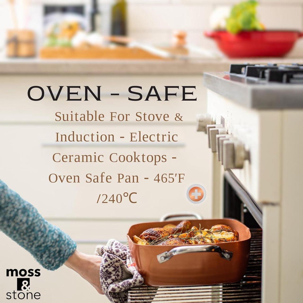 Alt view image 4 of 7 - Moss & Stone Copper 6 Piece Set Chef Cookware, Non Stick Pan, Deep Square Pan, Fry Basket, Steamer Tray, Dishwasher & Oven Safe, 5 Quart Copper Pot Set, 9.5" Copper Induction Cookware Set