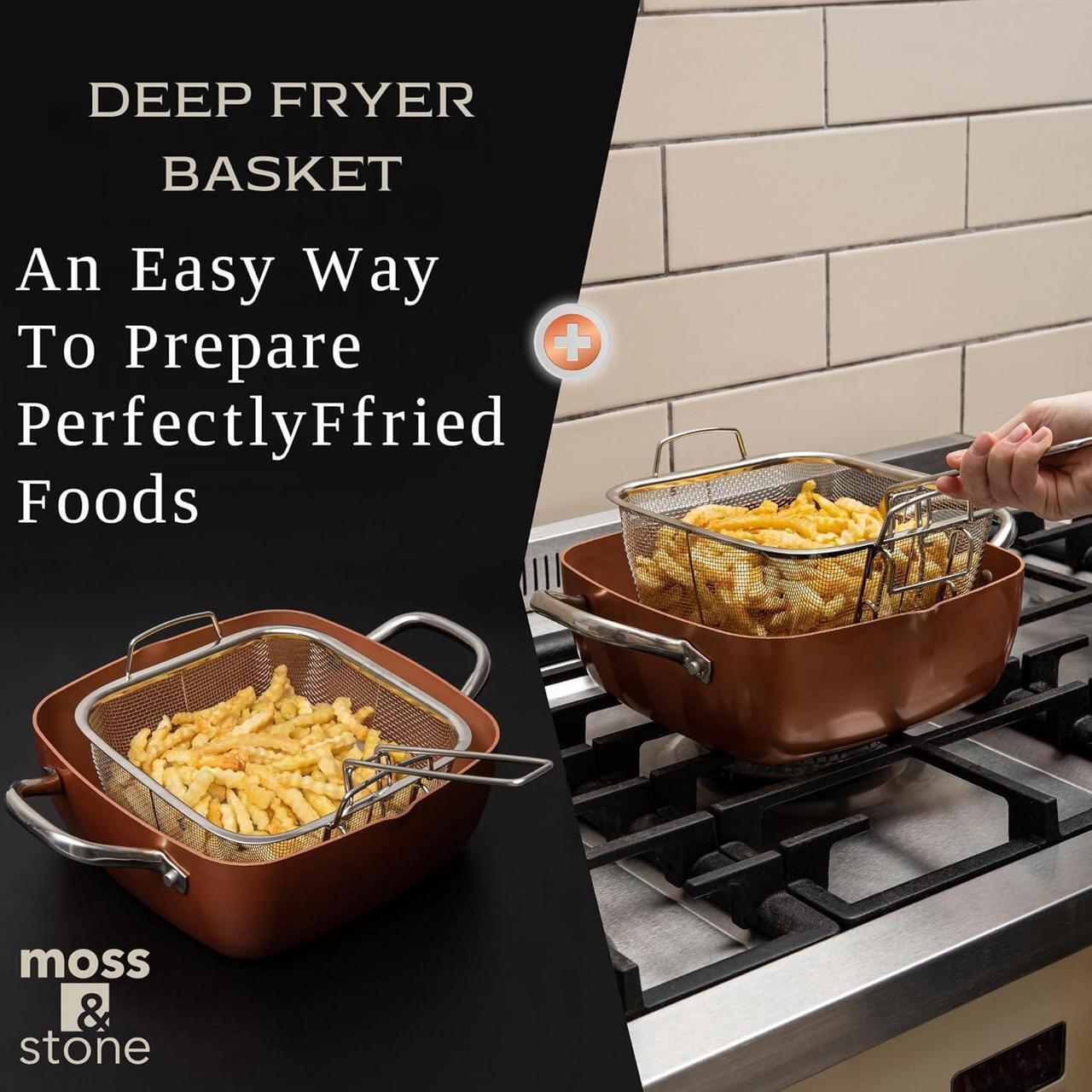 Alt view image 6 of 7 - Moss & Stone 7 Pcs Copper Pots And Pans Set, Copper Chef Cookware Non Stick, Square Copper Pans for Cooking, Round Copper Pot & Fry Basket, Oven Safe 5 Quart Deep Frying Pan, Induction Cookware Set