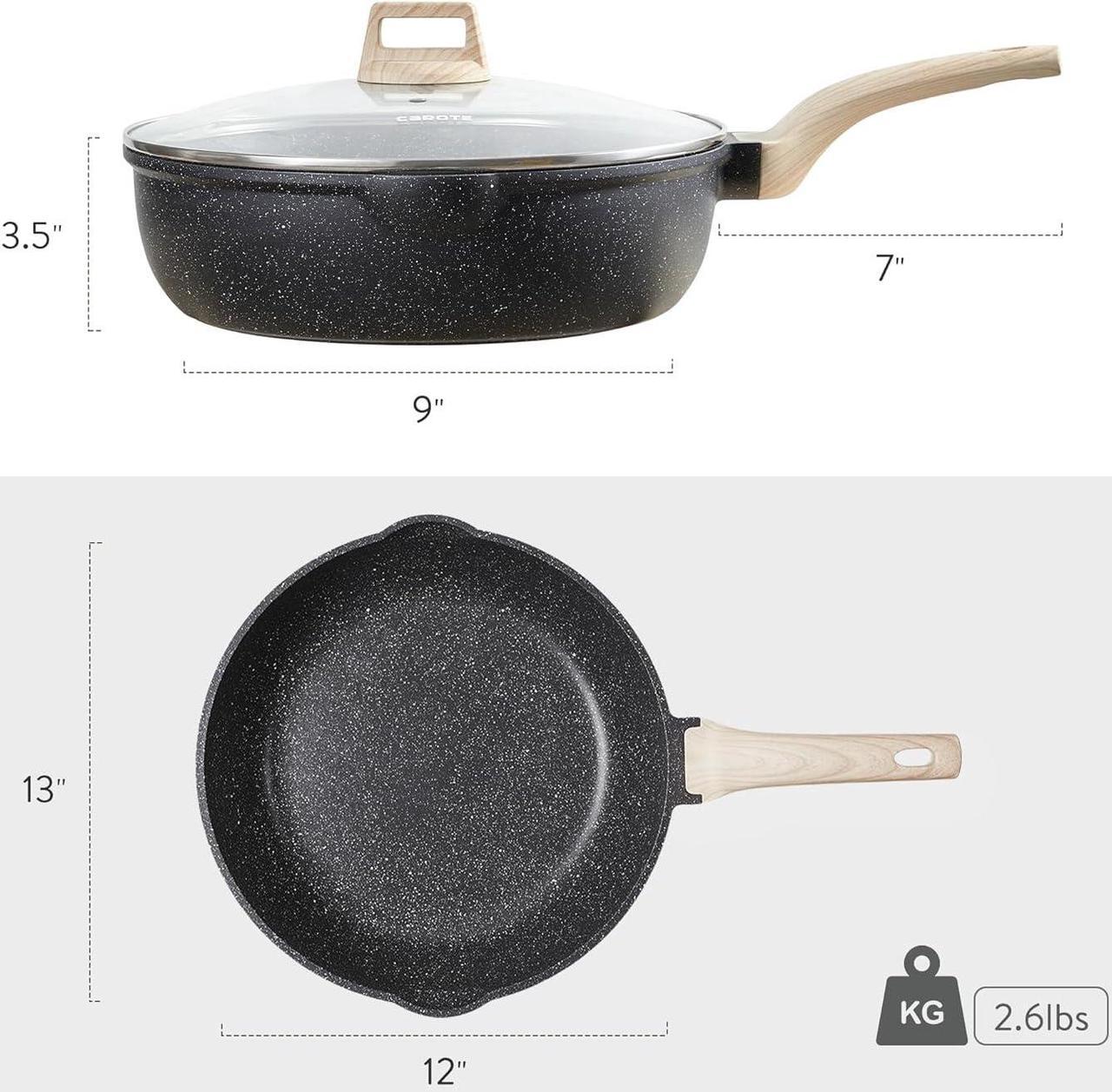 Alt view image 2 of 7 - CAROTE 12Inch Nonstick Deep Frying Pan with Lid, 5.5 Qt Jumbo Cooker Saute Pan with Pour Spout, Skillet Induction Cookware, Non Stick Cooking Pan PFOA Free, Classic Granite