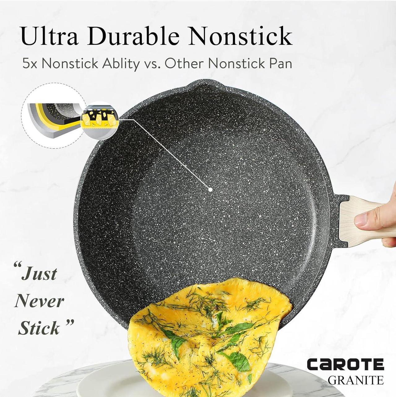 Alt view image 3 of 7 - CAROTE 12Inch Nonstick Deep Frying Pan with Lid, 5.5 Qt Jumbo Cooker Saute Pan with Pour Spout, Skillet Induction Cookware, Non Stick Cooking Pan PFOA Free, Classic Granite