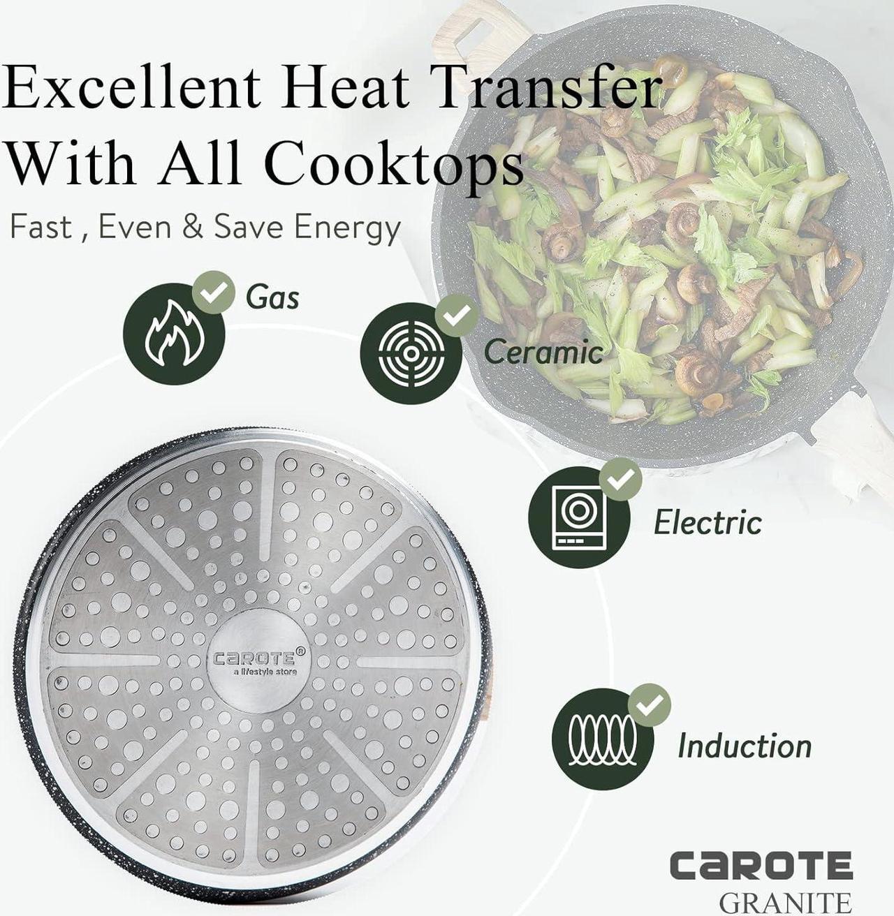 Alt view image 6 of 7 - CAROTE 12Inch Nonstick Deep Frying Pan with Lid, 5.5 Qt Jumbo Cooker Saute Pan with Pour Spout, Skillet Induction Cookware, Non Stick Cooking Pan PFOA Free, Classic Granite