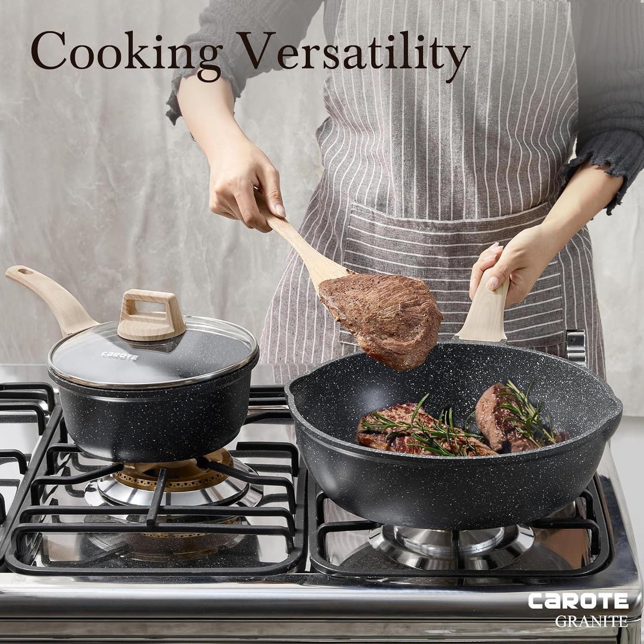 Alt view image 7 of 7 - CAROTE 12Inch Nonstick Deep Frying Pan with Lid, 5.5 Qt Jumbo Cooker Saute Pan with Pour Spout, Skillet Induction Cookware, Non Stick Cooking Pan PFOA Free, Classic Granite