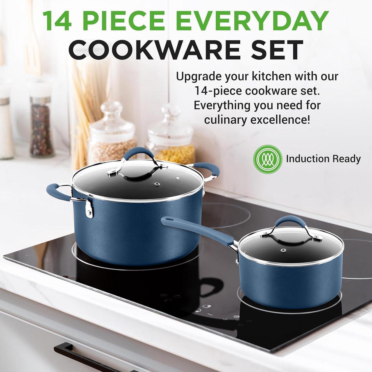 Alt view image 2 of 7 - NutriChef 14-Piece Navy Blue Cookware Set - Durable Non-Stick Pots and Pans Set with Lids & Utensils, Compatible with All Cooktops