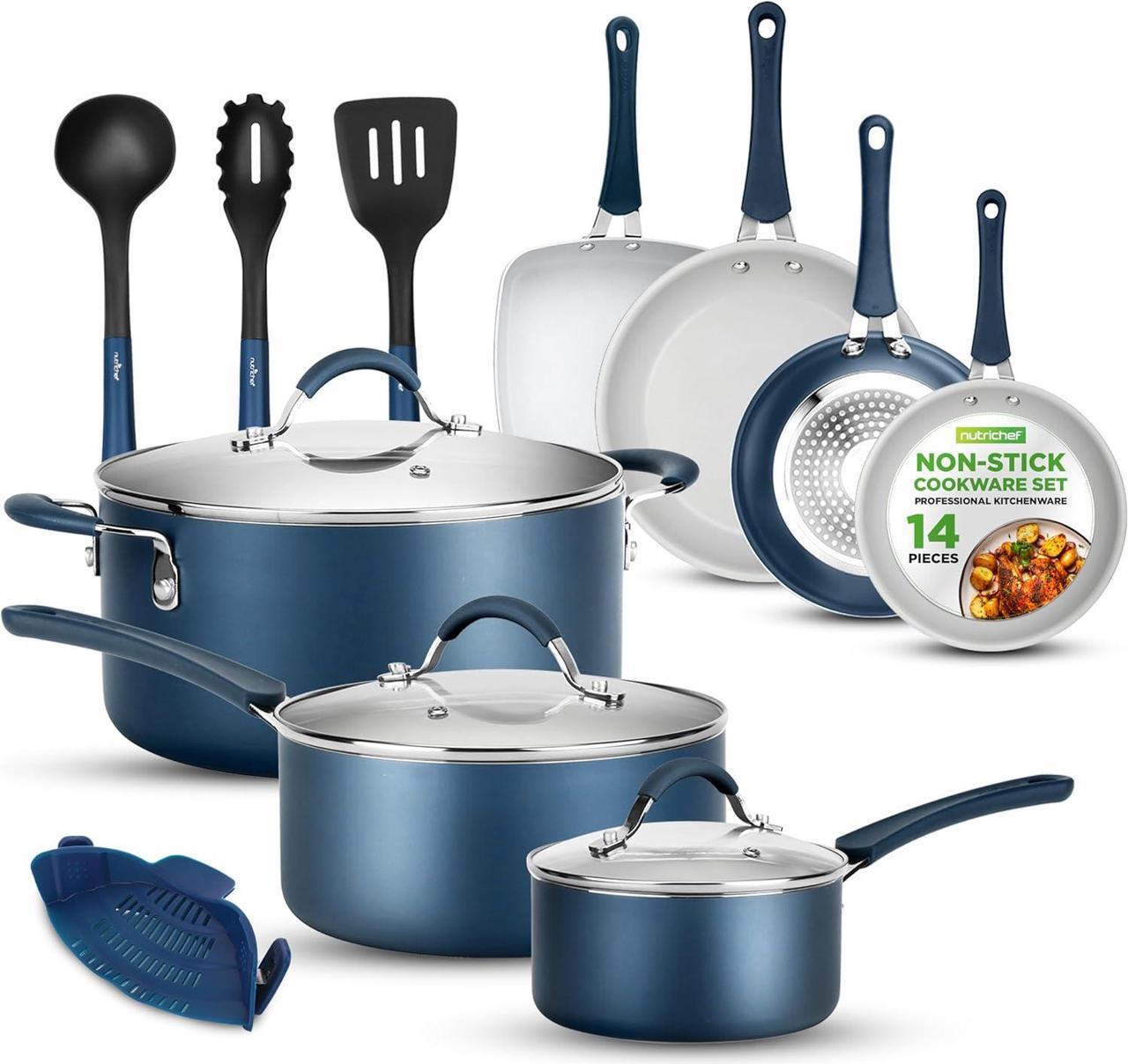 Main image of NutriChef 14-Piece Navy Blue Cookware Set - Durable Non-Stick Pots and Pans Set with Lids & Utensils, Compatible with All Cooktops