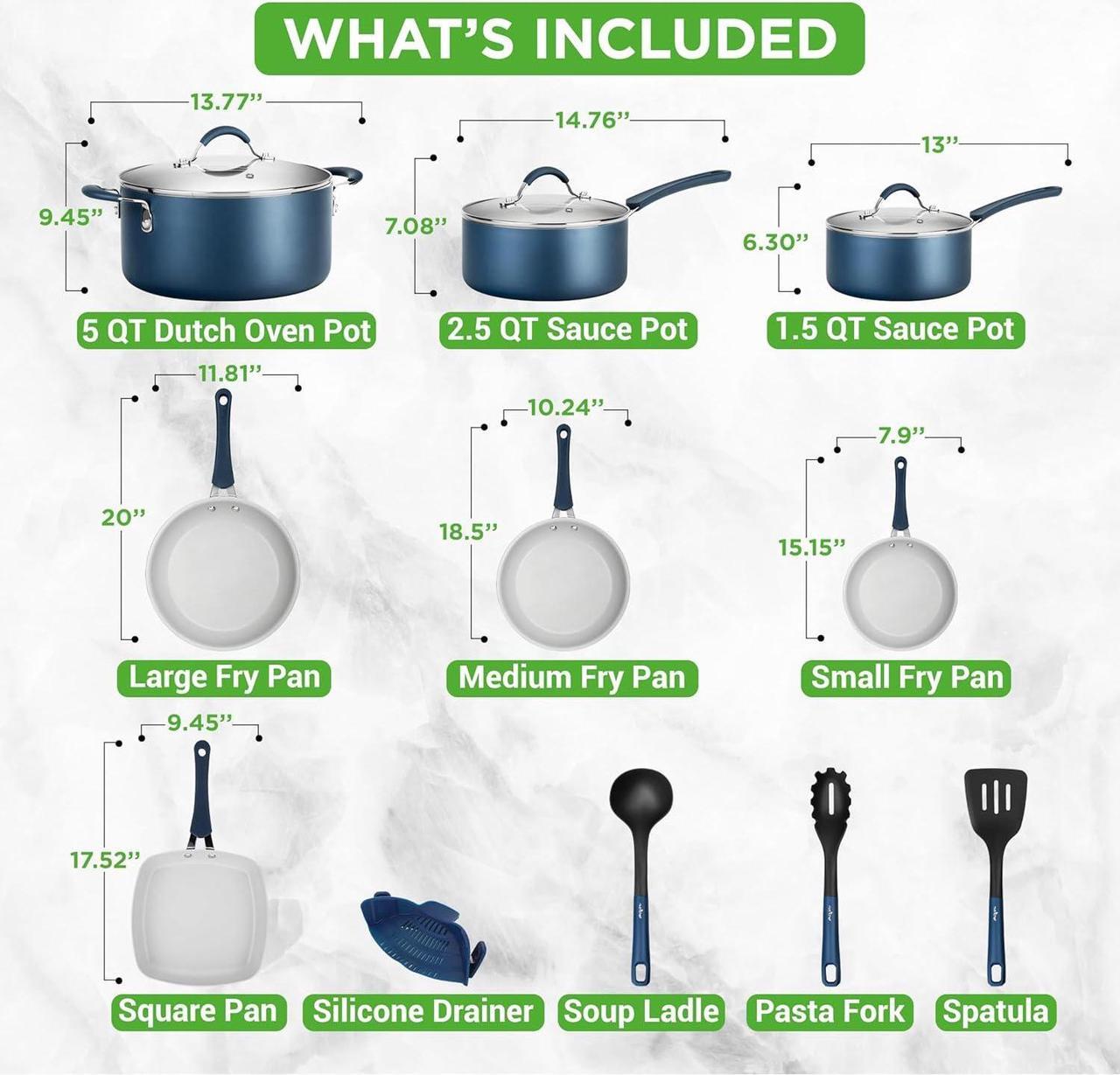 Alt view image 3 of 7 - NutriChef 14-Piece Navy Blue Cookware Set - Durable Non-Stick Pots and Pans Set with Lids & Utensils, Compatible with All Cooktops