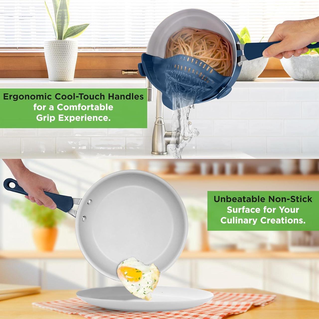 Alt view image 4 of 7 - NutriChef 14-Piece Navy Blue Cookware Set - Durable Non-Stick Pots and Pans Set with Lids & Utensils, Compatible with All Cooktops