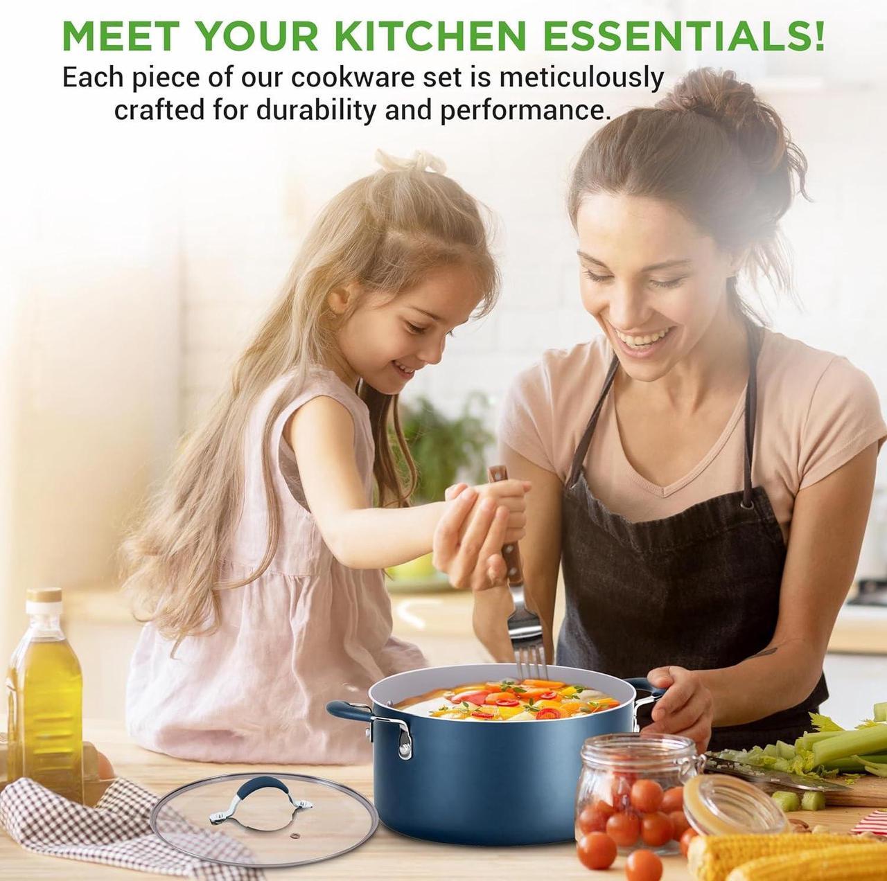 Alt view image 6 of 7 - NutriChef 14-Piece Navy Blue Cookware Set - Durable Non-Stick Pots and Pans Set with Lids & Utensils, Compatible with All Cooktops