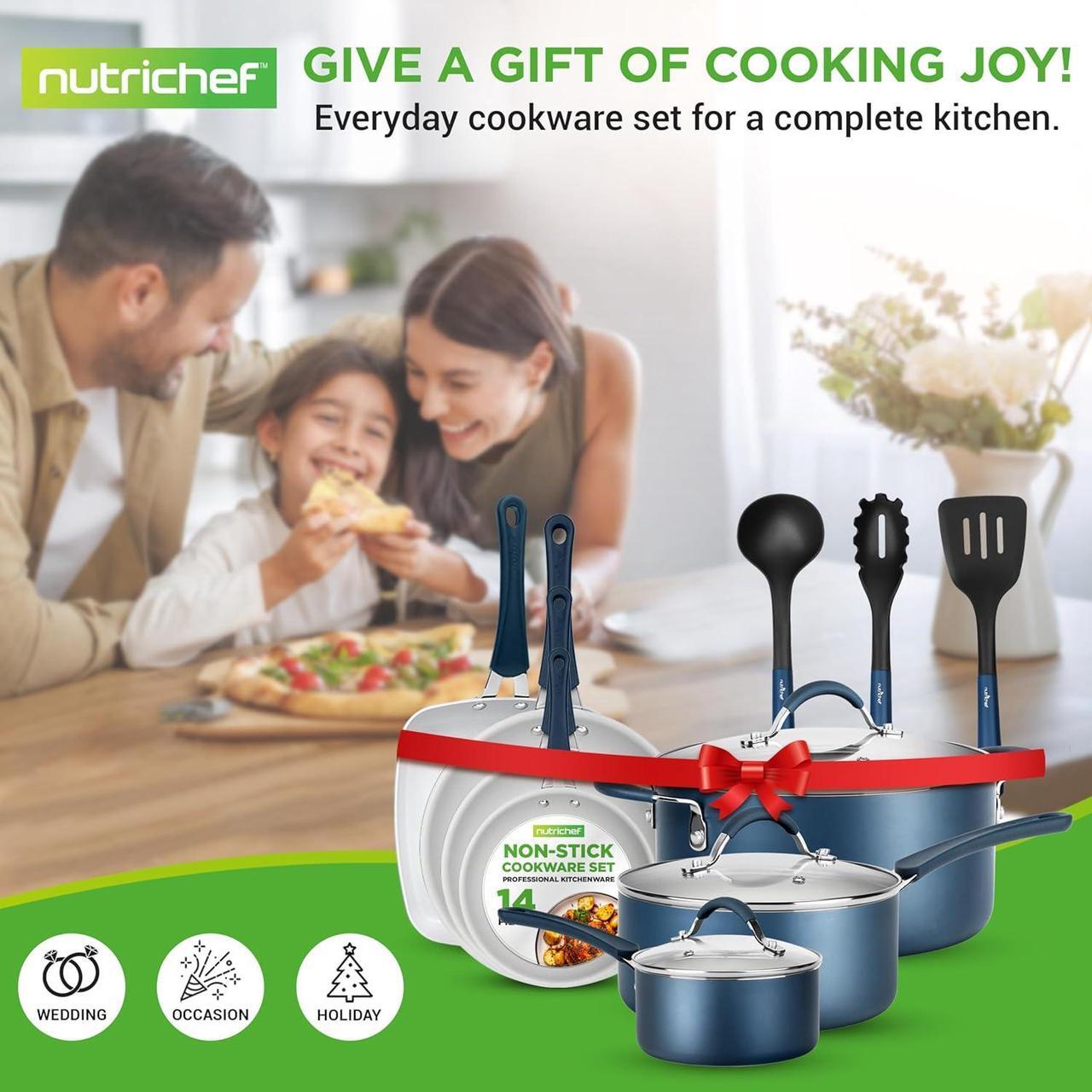 Alt view image 7 of 7 - NutriChef 14-Piece Navy Blue Cookware Set - Durable Non-Stick Pots and Pans Set with Lids & Utensils, Compatible with All Cooktops