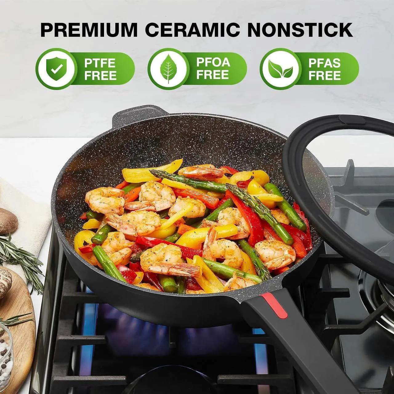 Alt view image 2 of 7 - Ceramic Nonstick Sauté Pan with Lid, 11 Inch/4.5 Quart Deep Frying Pan Skillet, Non Stick Induction Cookware, Dishwasher Safe, PTFE PFOA FREE, Black